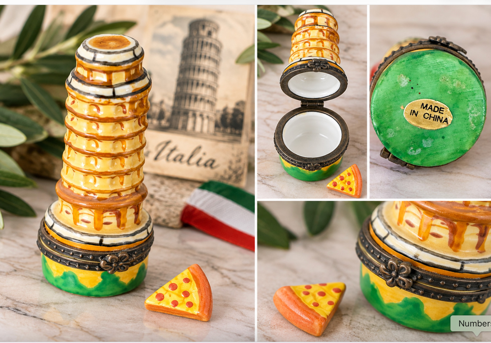 Leaning Tower of Pisa Italy Porcelain Hinged Trinket Box Mini Pizza Slice Inside