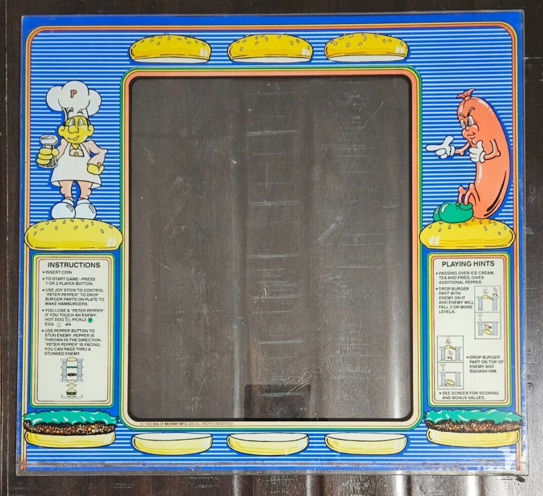 1982 Bally Midway Burgertime Arcade Video Game Monitor Bezel ORIGINAL GLASS 