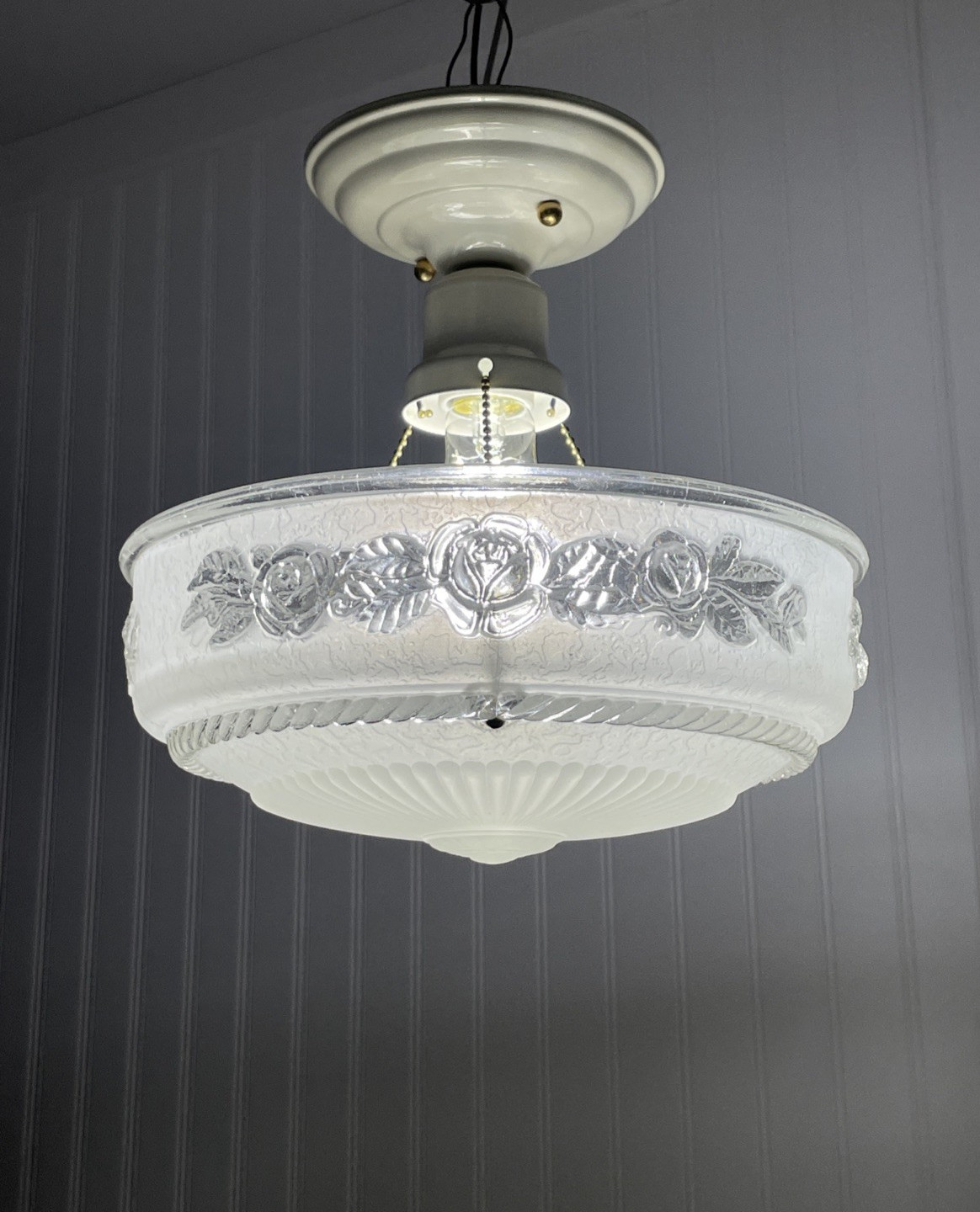RESTORED Vtg White Semi Flush Mount Glass Ceiling Light Art Deco 1920s 1930 1940