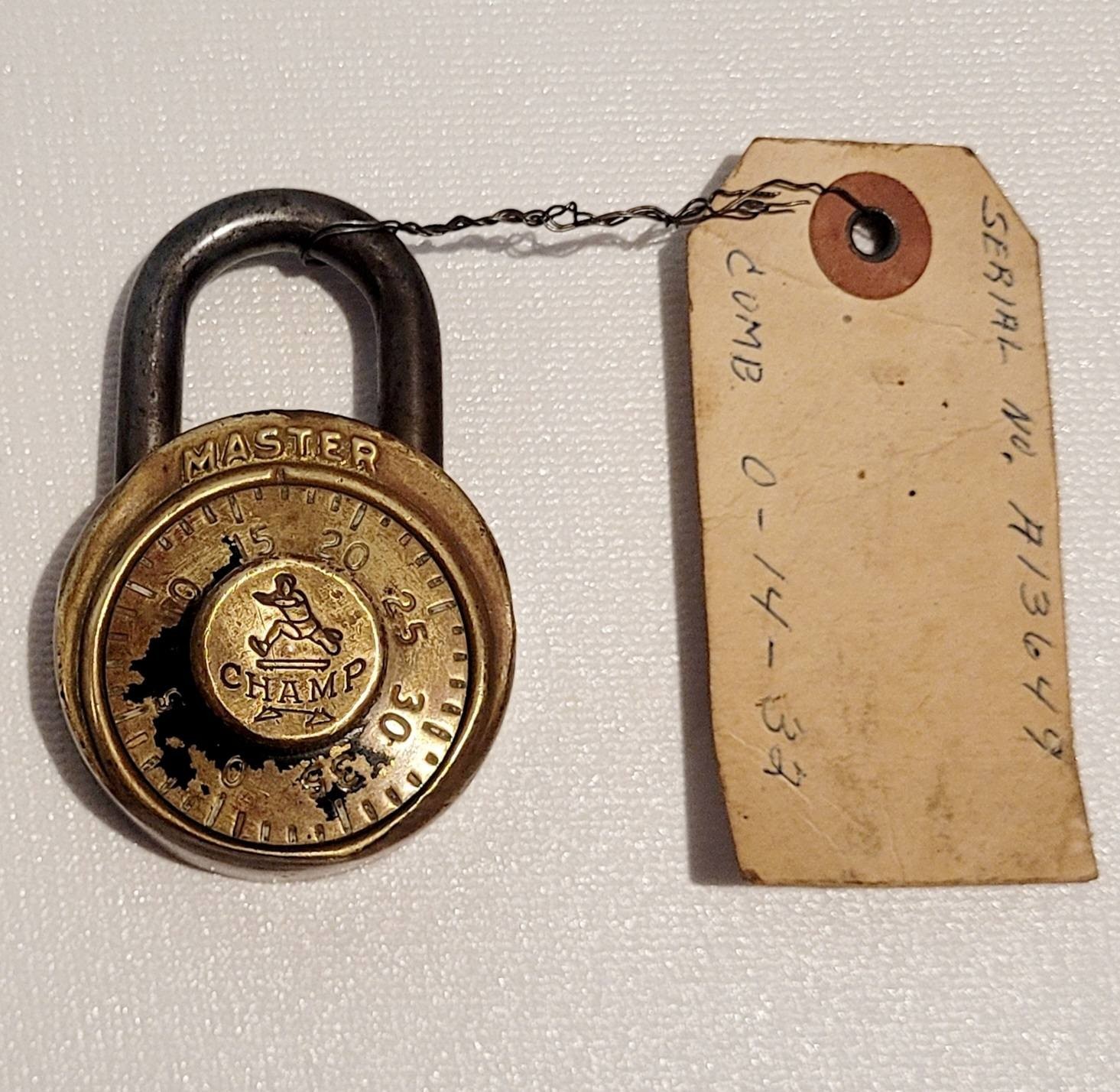 VTG MASTER LOCK CO-CHAMP COMBINATION PADLOCK W/COMB NUMBERS--MADE 1935-1951
