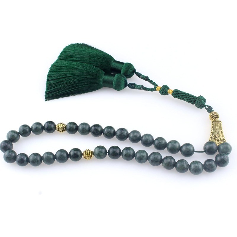  Dhikr Tasbeeh 33 Tasbih Prayer Beads, Dark Green Jade Stone Beads with Tassel