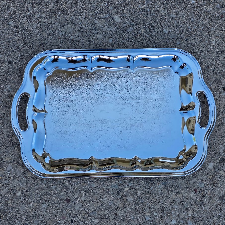 Vintage Shelton Ware NYC Chrome Serving Tray Etched Floral Handles 18\