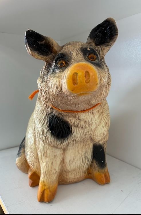 Vintage Cute Realistic Sitting Hand Painted Pig Piggy Bank, Orange, Black, White
