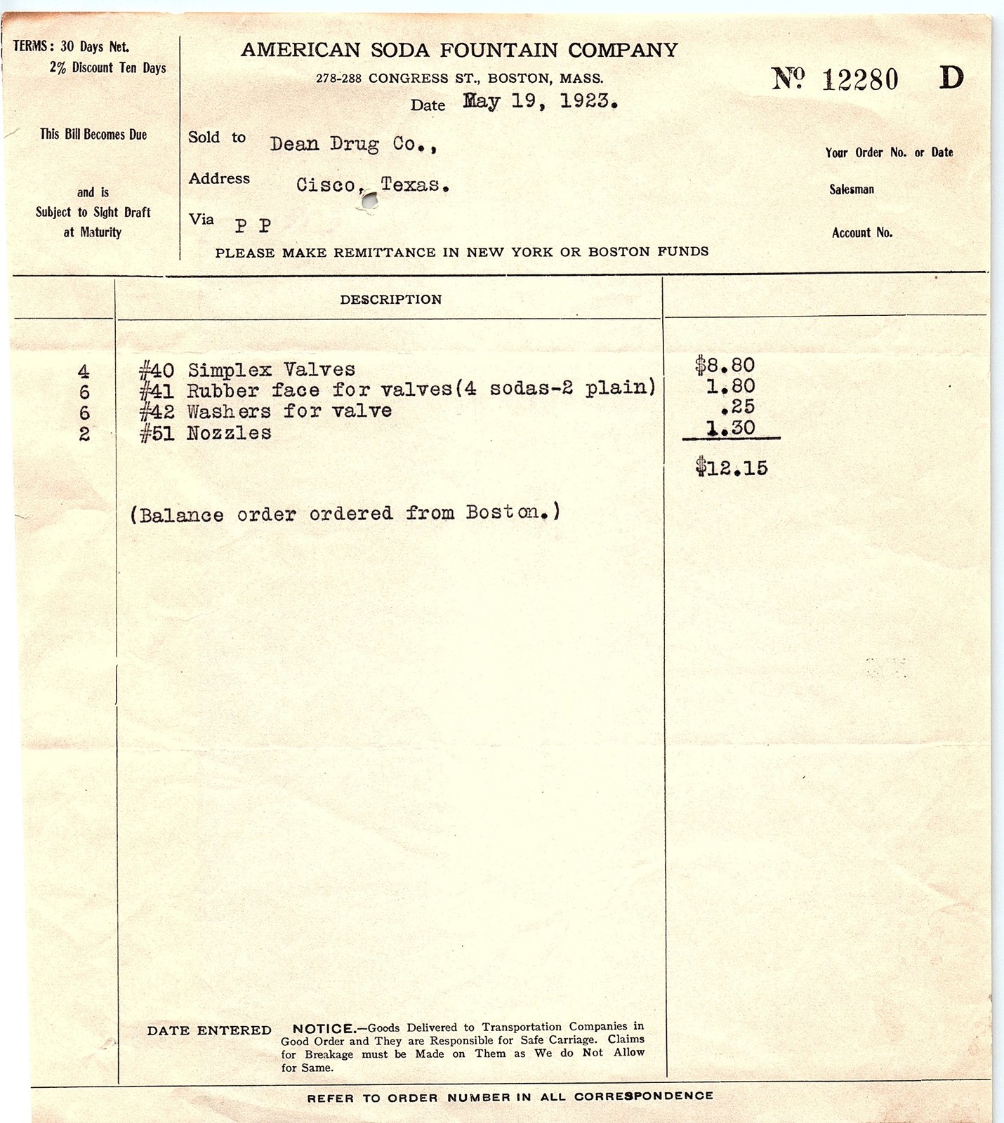 1923 American Soda Fountain Co. invoice, Cisco, TX