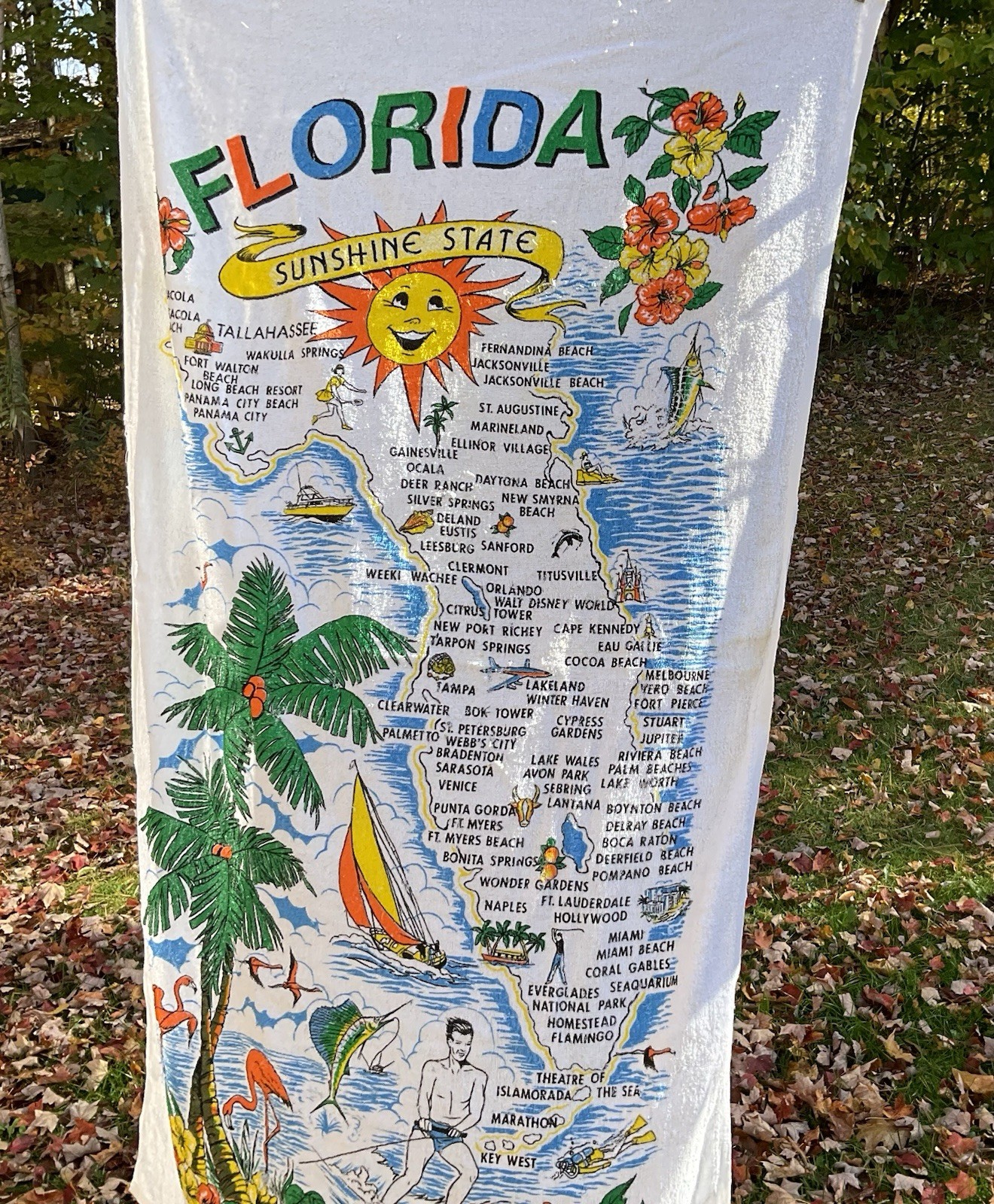 Florida Sunshine State Map Beach Towel 27x53 Vintage