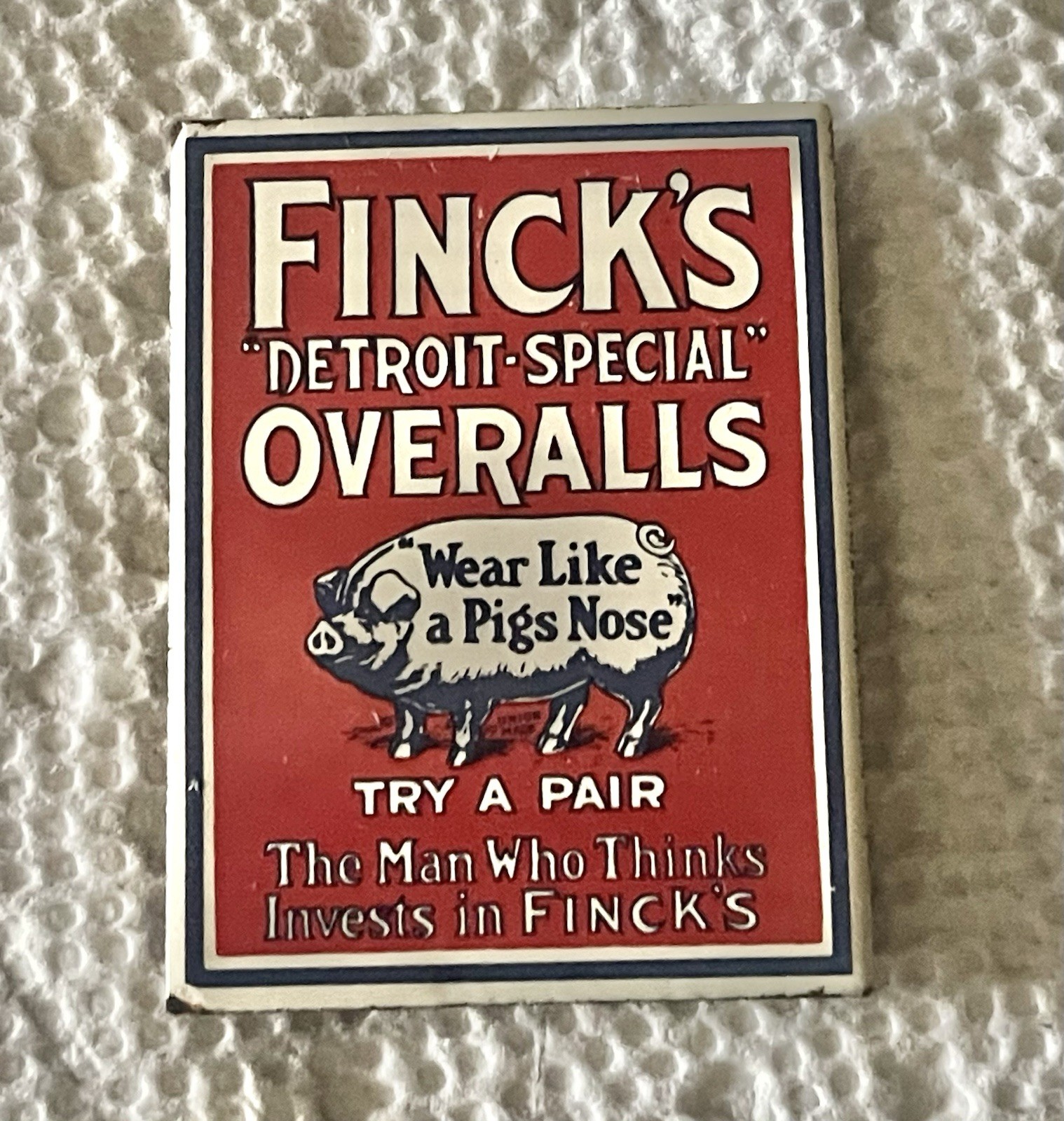 Finck’s Detroit Special Overalls Metal Fridge Magnet Collectible Vintage