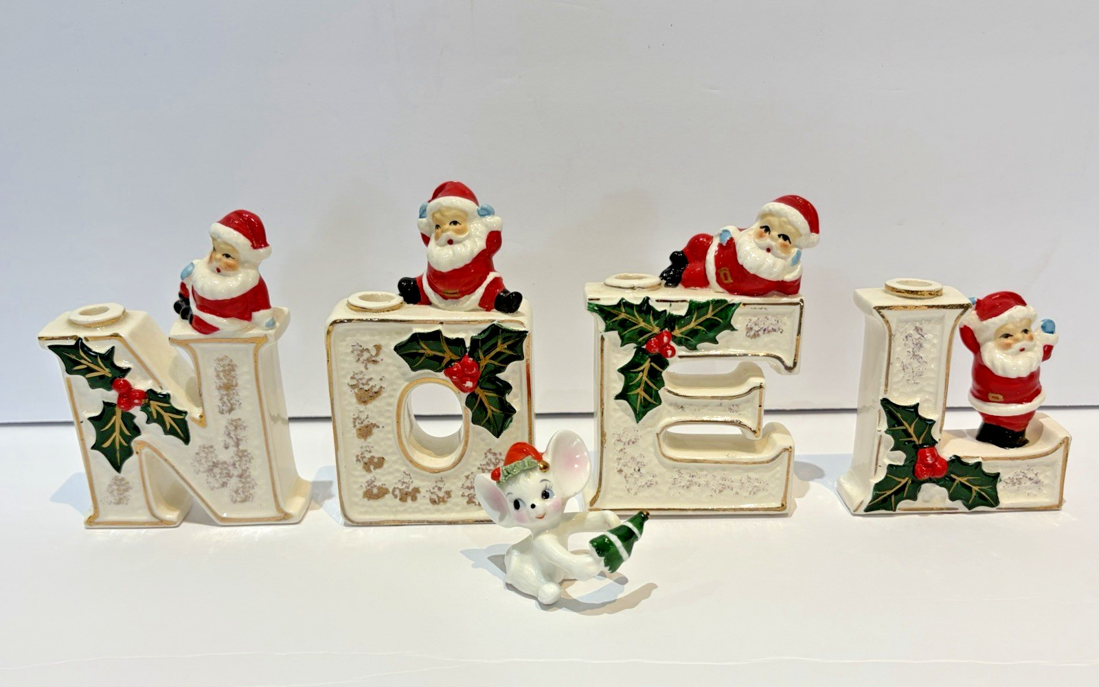 Vintage Enesco Japan Christmas NOEL Santa Candleholders + Mouse