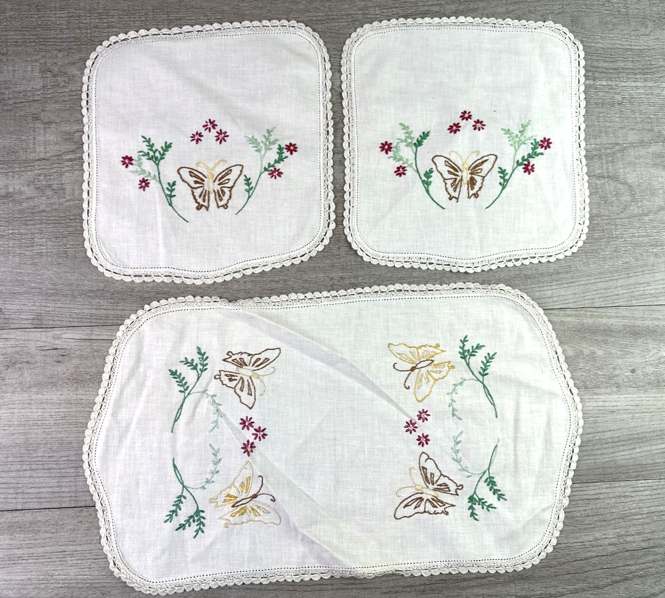 Vintage Hand Embroidered Butterflies & Flowers Linen Dresser Scarf Set - 3 pc