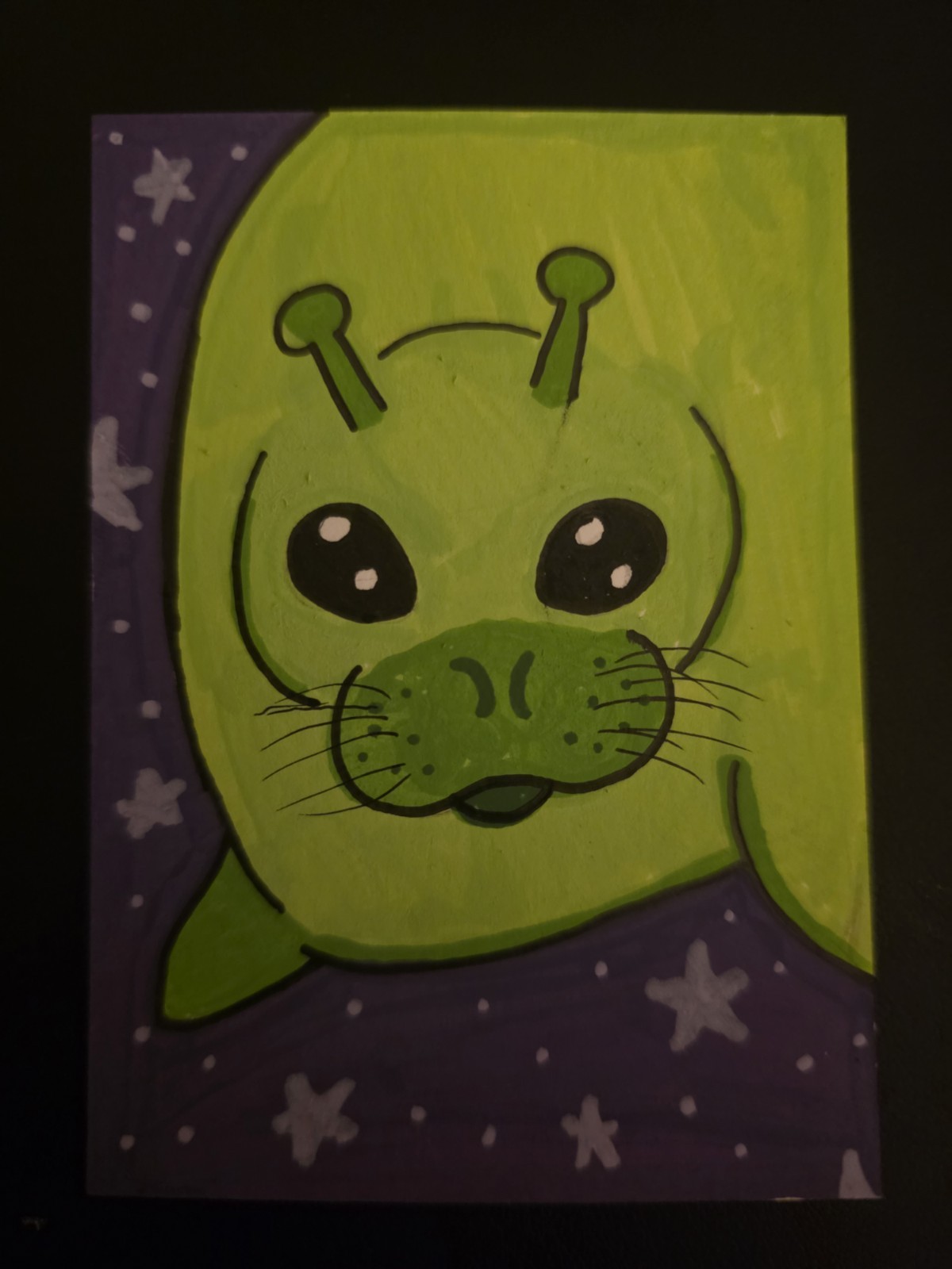 ACEO Original Artwork silly alien seal cute 2.5x3.5in Acrylic Paint Markers