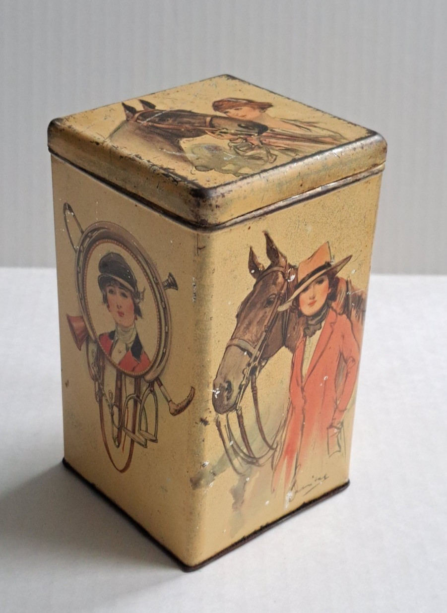 Antique Equestrian Lady Horse Art Tea Biscuit Tin Litho Metal Box Illustration
