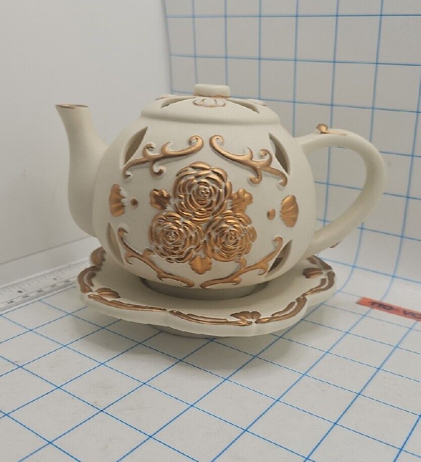 Partylite P7301 Tea Time Teapot Tealight Holder - White/Gold Roses - New
