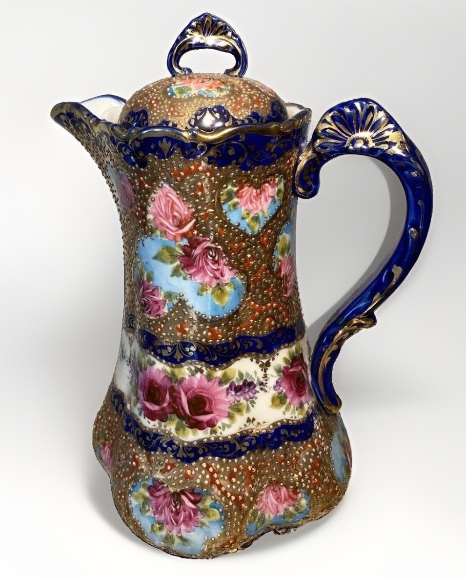 Chocolate  Coffee Pot Rare Vintage Golden Rose Cobalt Blue unique Japan 9.5”