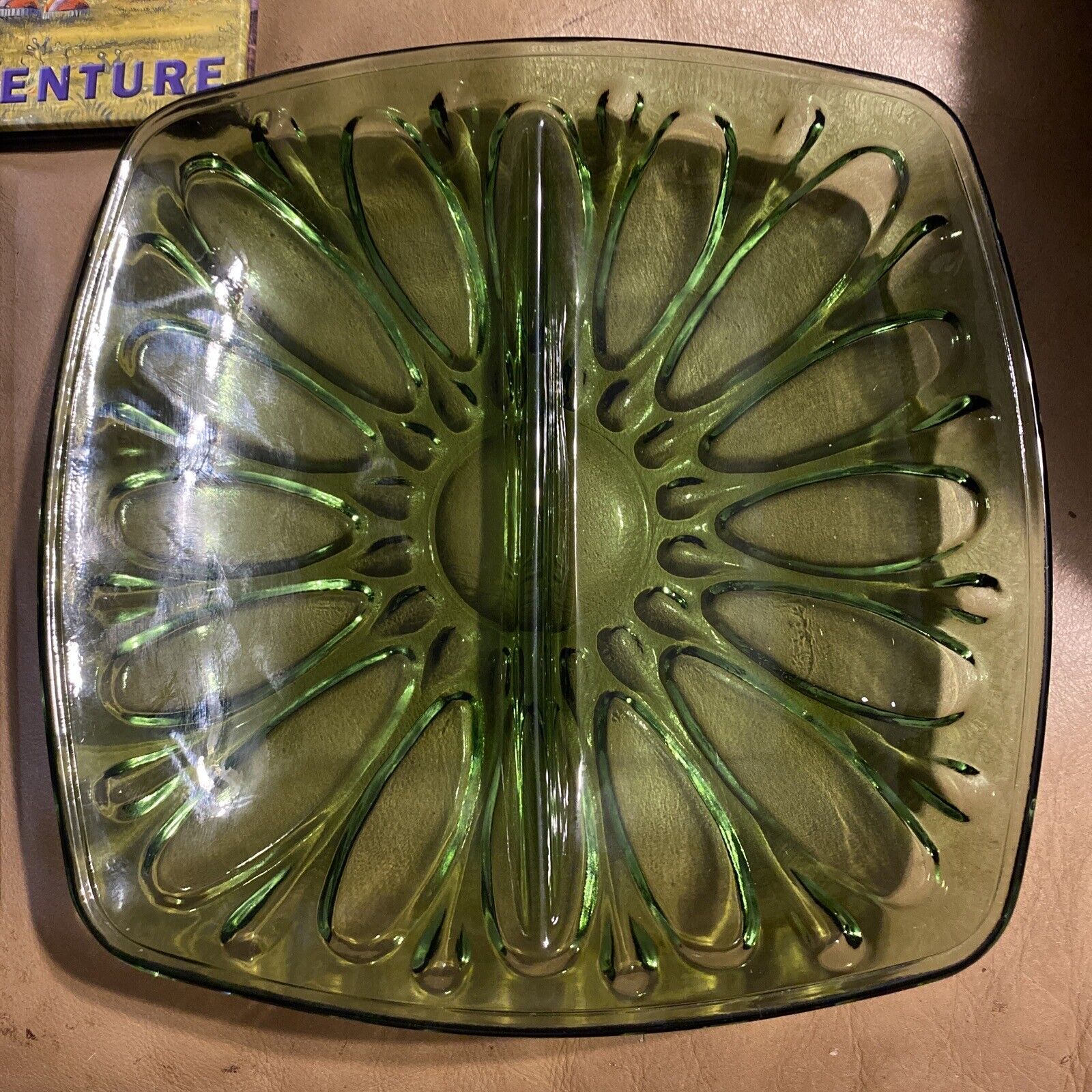 Divided Serving Dish Bowl Green Glass Relish Appetizer Vintage