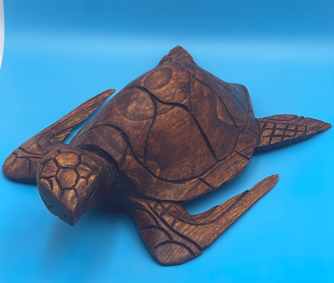 VTG 12” Honu Sea Turtle: Hand Carved Monkey Pod Wood Coastal Tabletop Sculpture