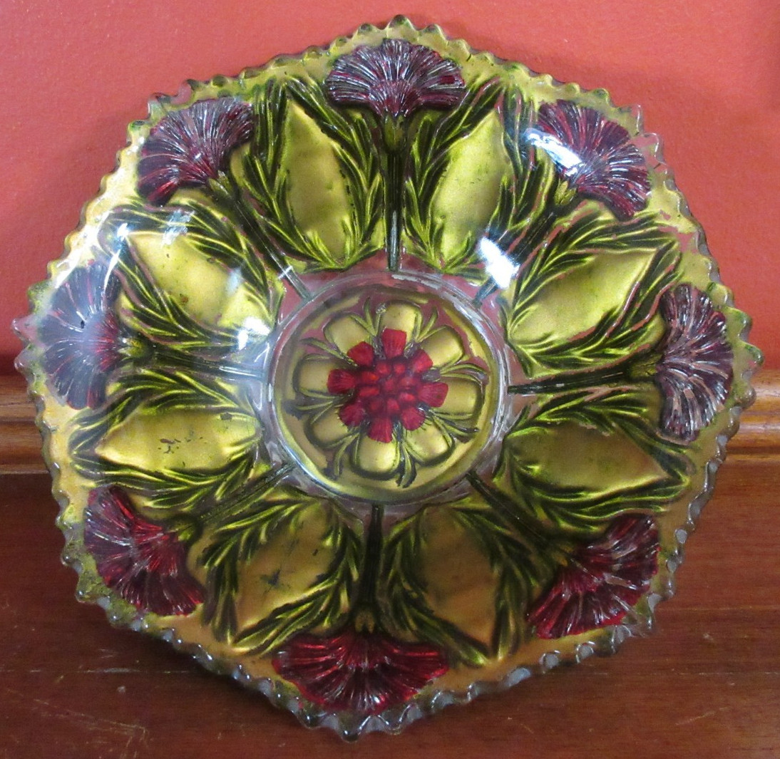 1900's GOOFUS GLASS Deep RED THISTLE BOWL Reverse-Painted GOLD Sawtooth Edges