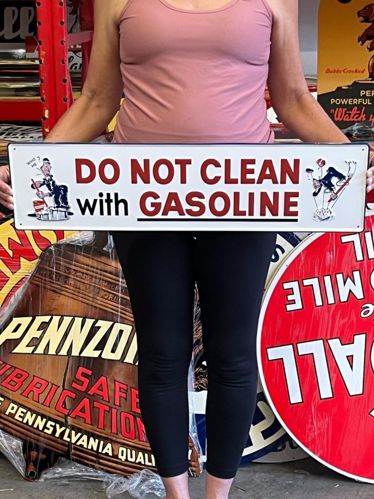 Vintage Anitque Old Style Metal Sign Dont Clean With Gasoline 30x8 Made in USA