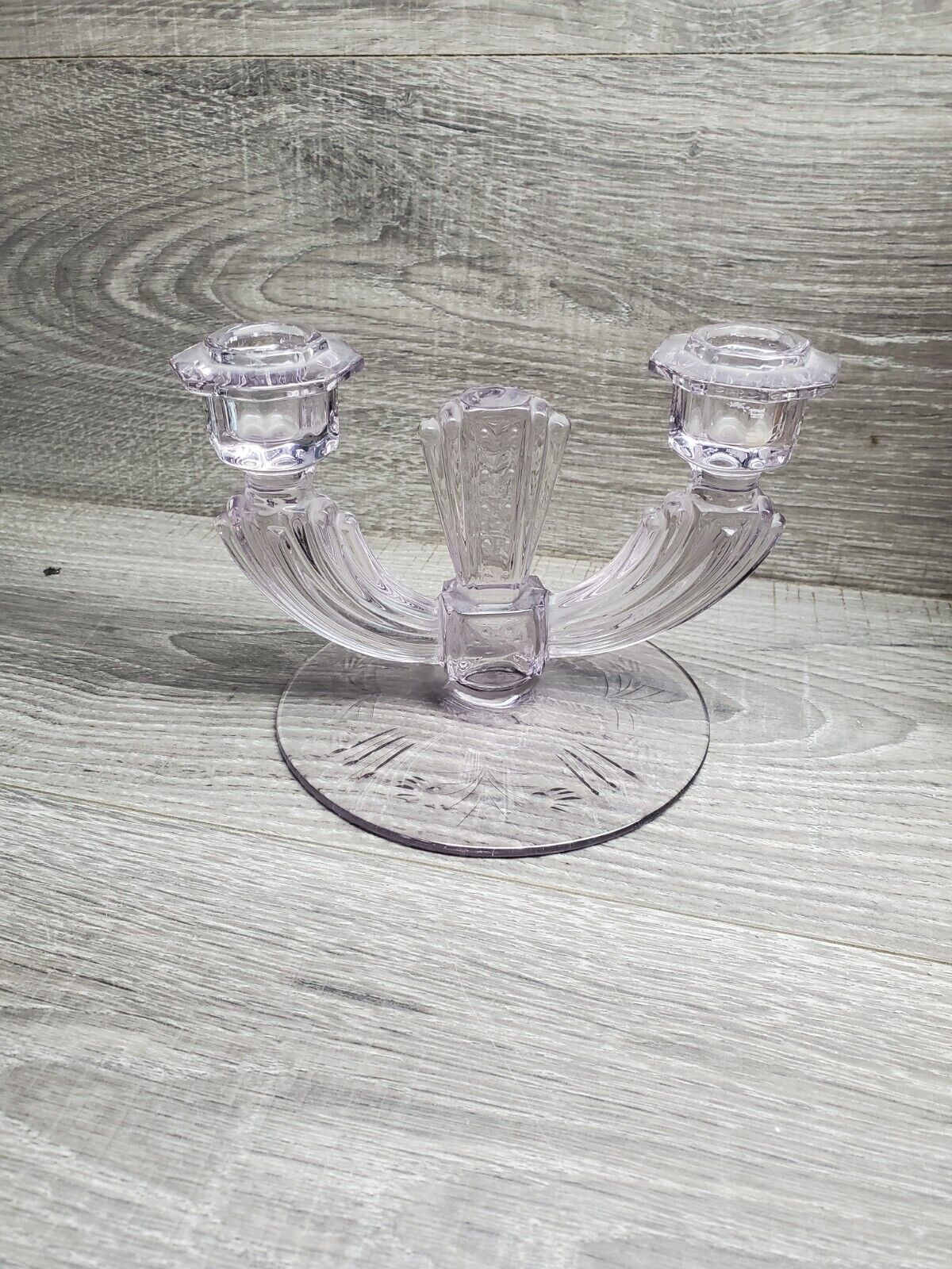 Vtg Light Amethyst Purple Elegant Glass Etched Double Candle Holder