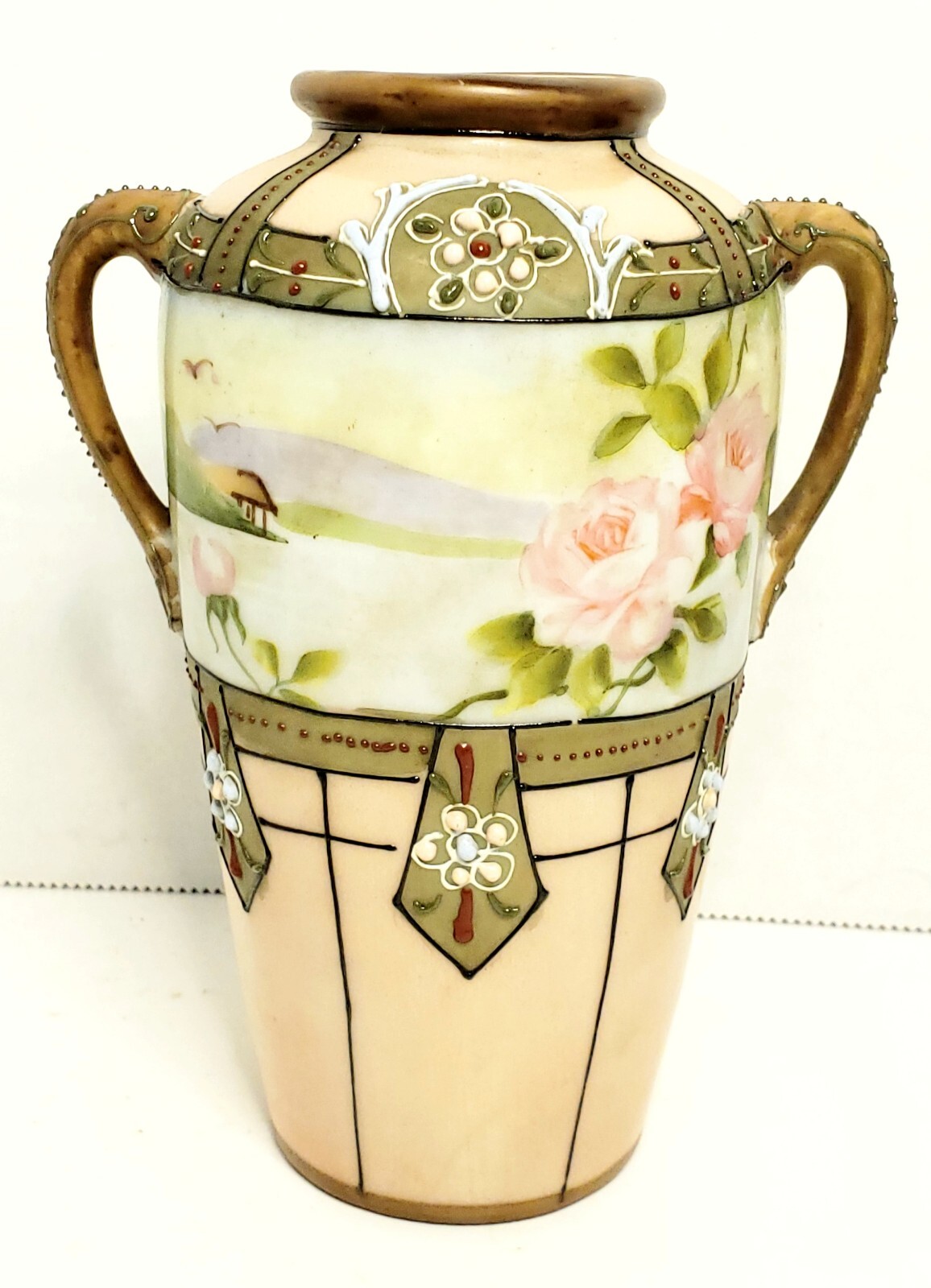 Vintage Nippon Double Handled Vase Moriage Porcelain Floral Japan 6\