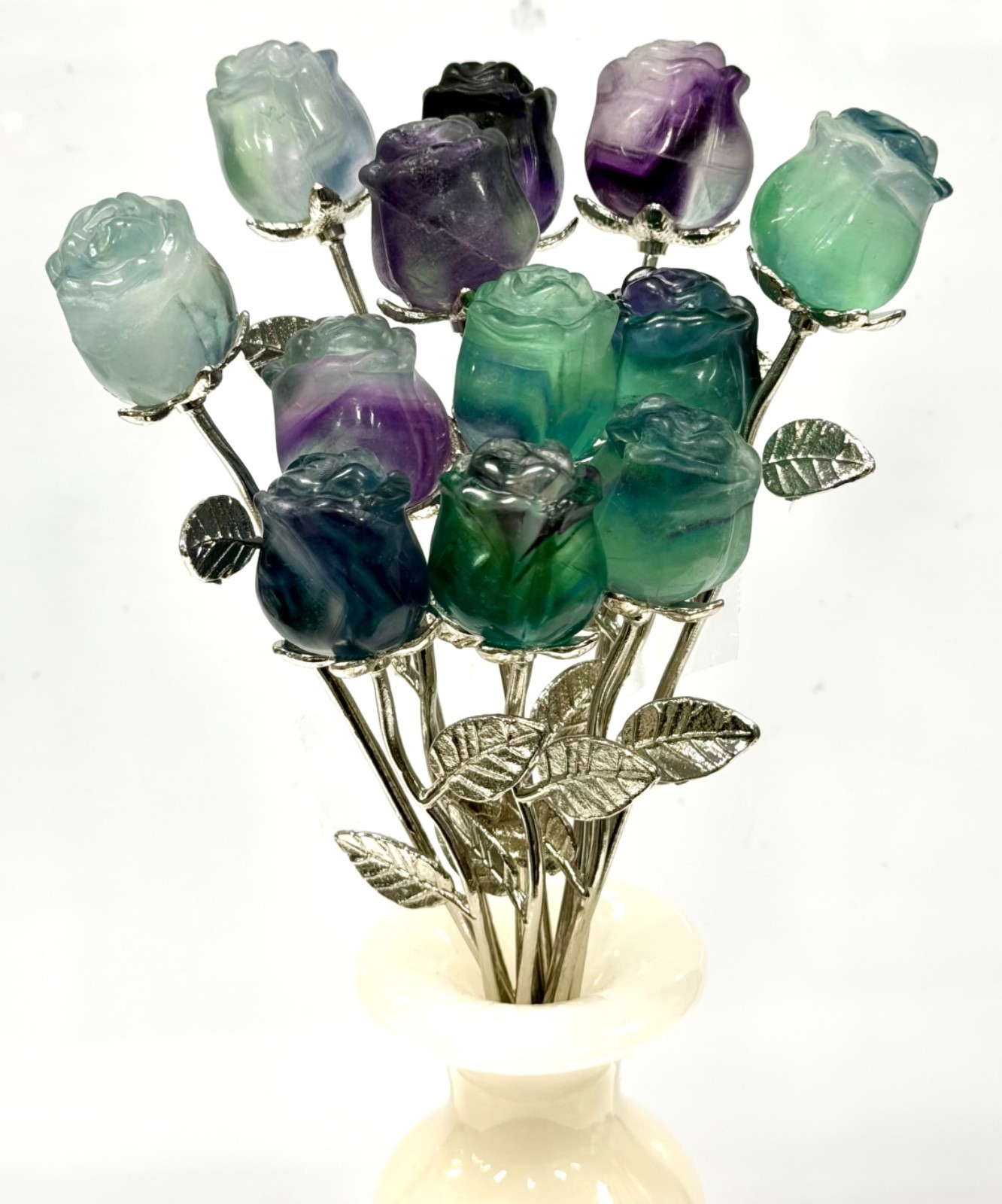 Wholesale Lot 12 Pcs Fluorite Rose With Rhodium Metal Stem Natural Crystal