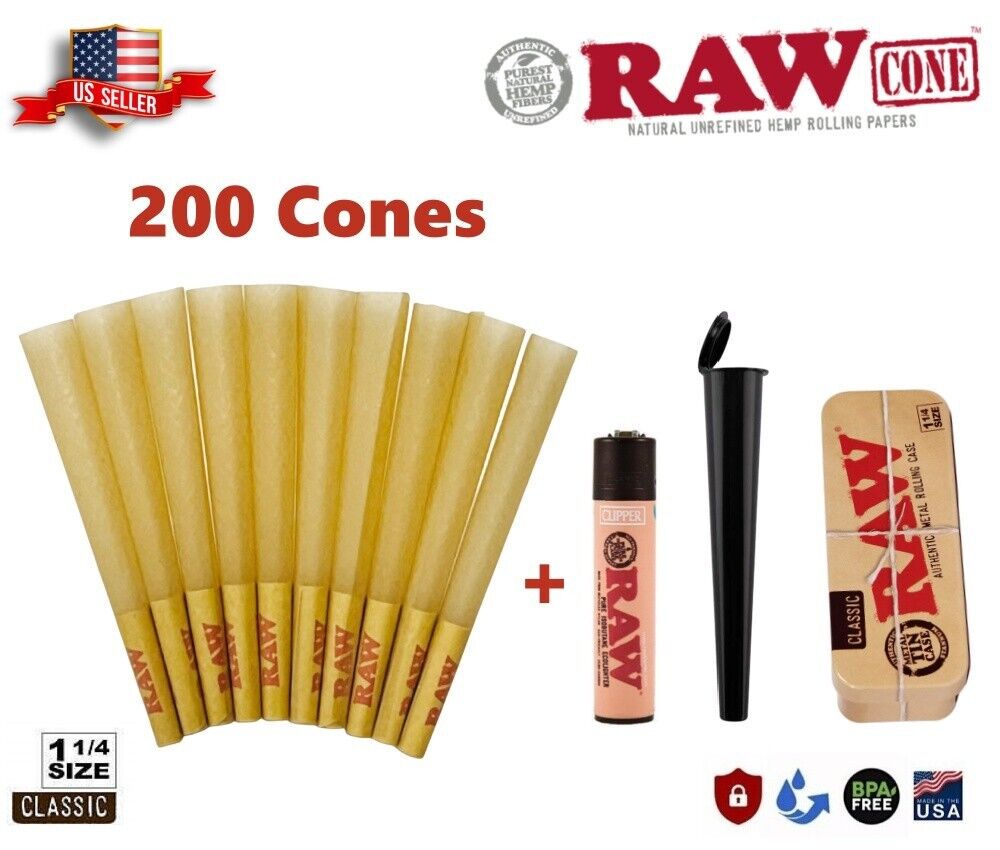 Authentic RAW Classic 1 1/4 Size Pre-Rolled Cones 200 Pack & Clipper & Caddy