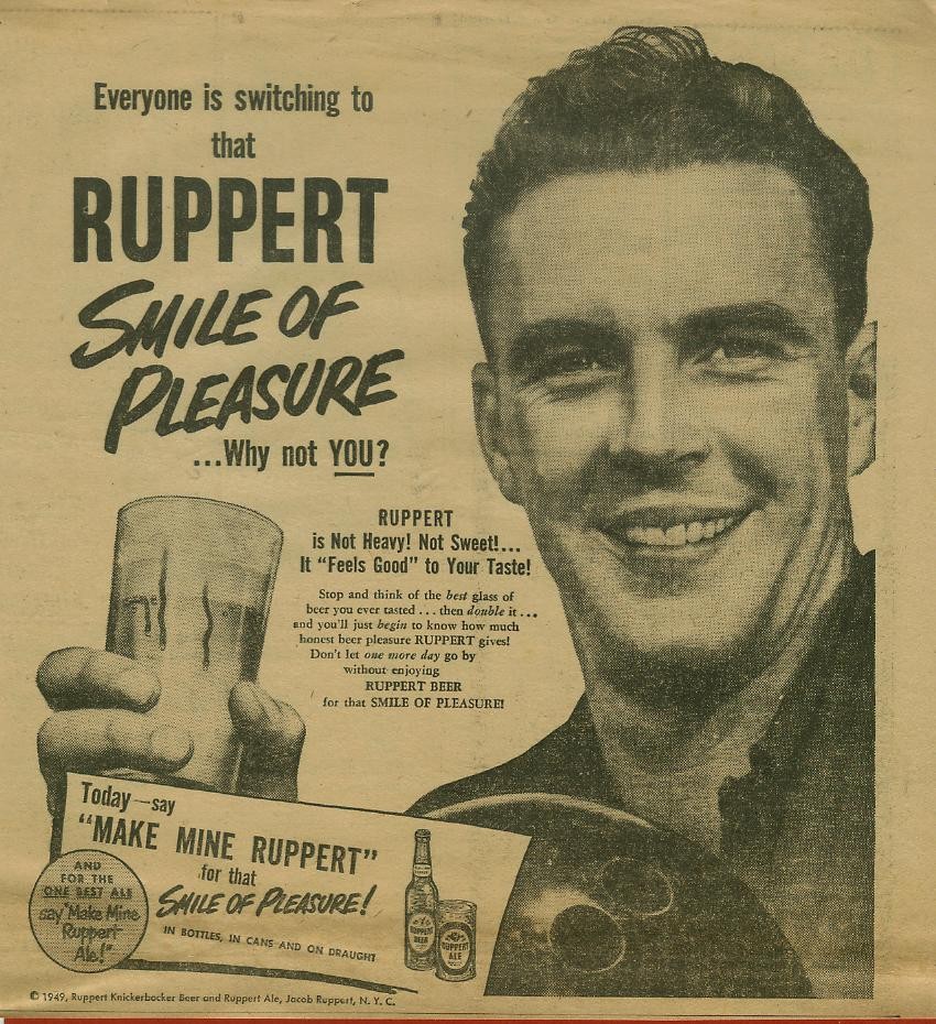 1949 Ruppert Knickerbocker  Beer Newsprint Ad   Brewery--SMILE OF PLEASURE