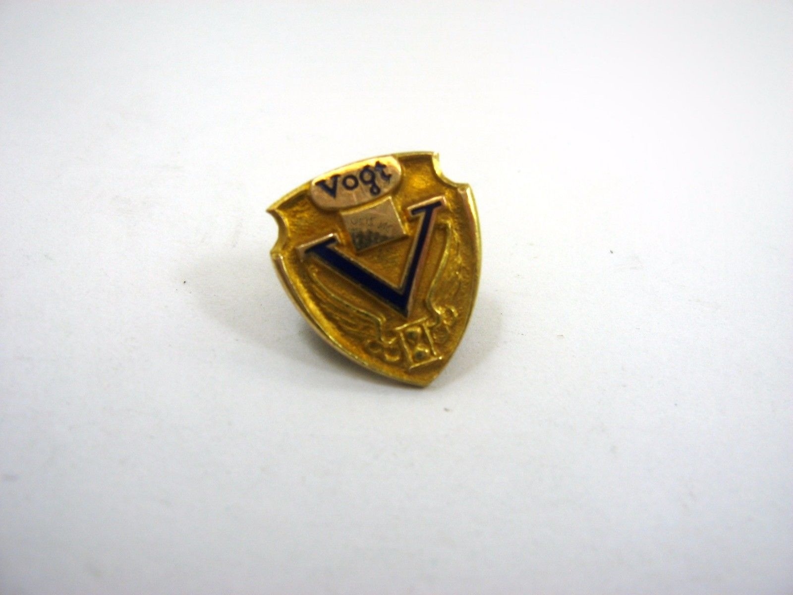 Vintage Vogt Lapel Pin Gold Tone Shield Badge Blue Enamel V Letter Wings Logo