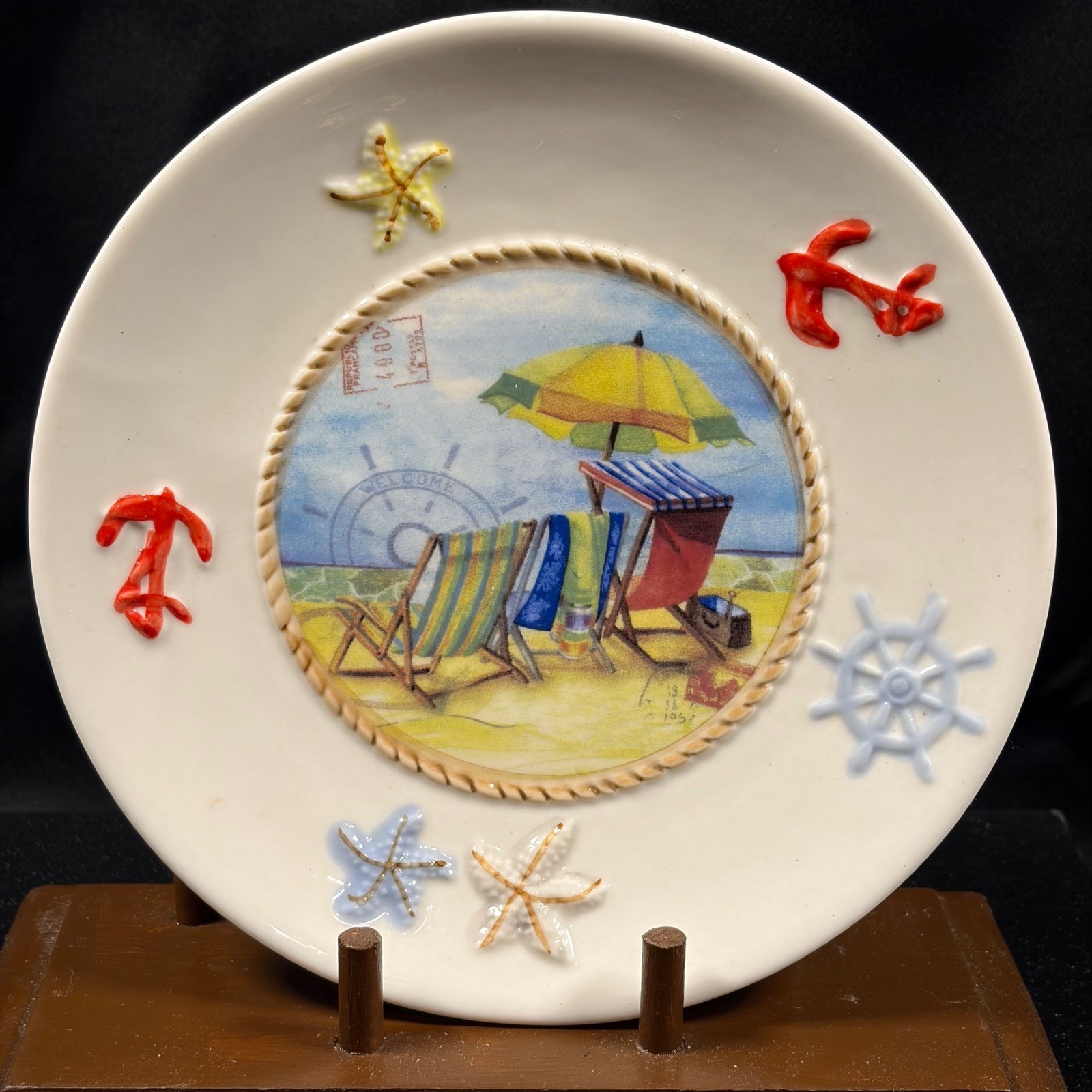 Vintage Coastal Beach Scene Ceramic Wall Plate 3D Nautical Relief 8 Inch