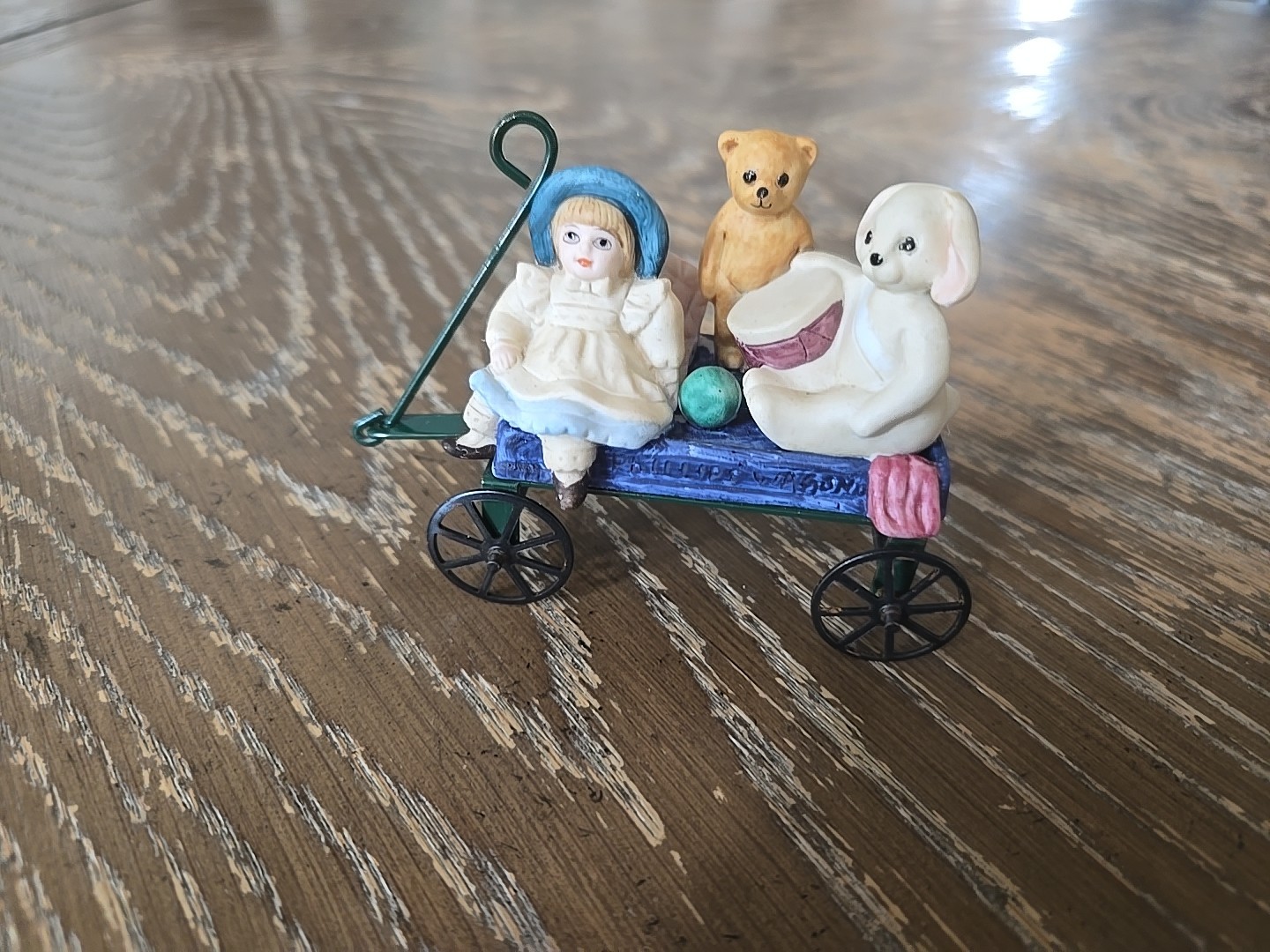 Vtge Antique Tiny Wagon With Doll,Teddy, And Bunny Riding Movable
