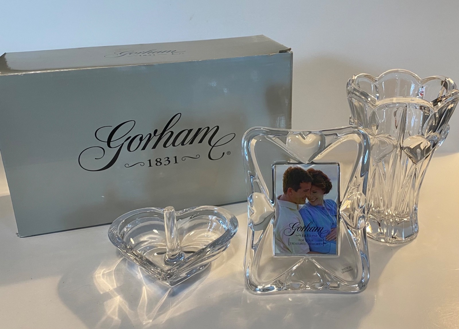 Gorham Amore Full Lead Crystal 3 Piece Set Ringholder Vase Frame Germany