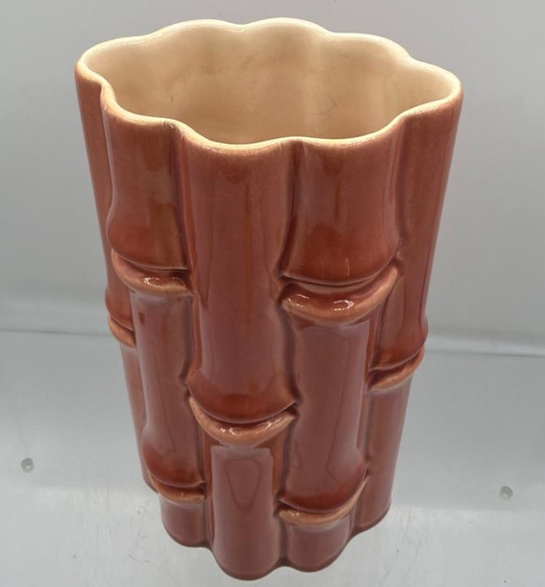 Vintage Red Wing Pottery 1950\'s Bamboo Vase Dark Red with Cream Interior 7.75\