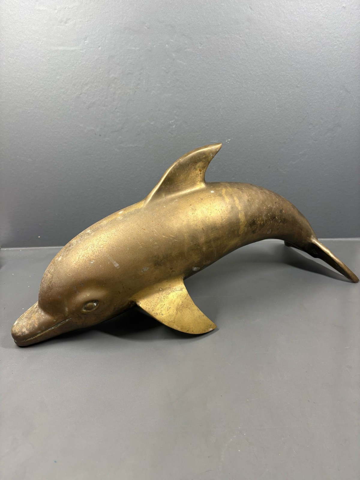 Vintage Solid Brass Dolphin Figurine Sculpture Large Coastal Nautical Decor