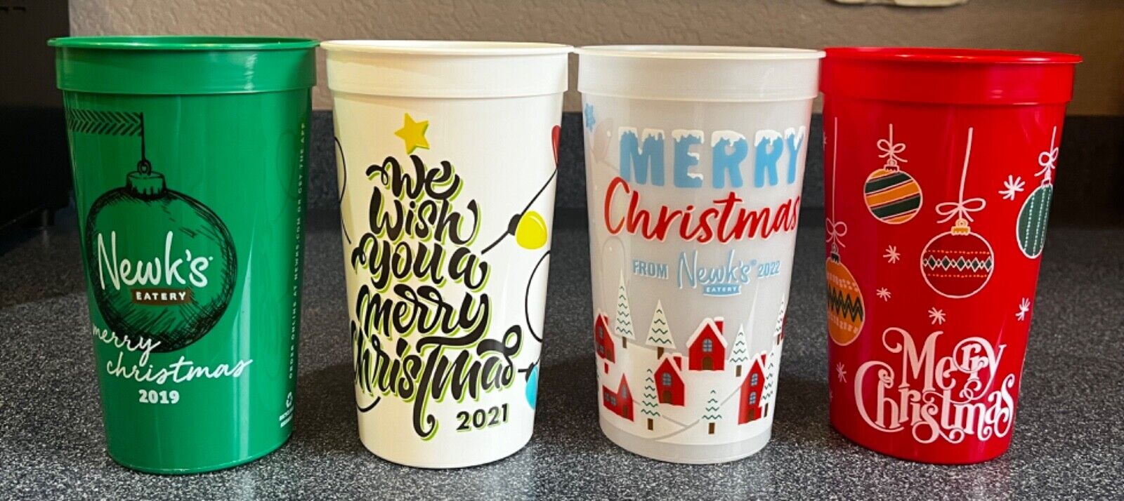 Newk's Eatery Collectible Christmas Cups Set of 4 2019 2021 2022 2023