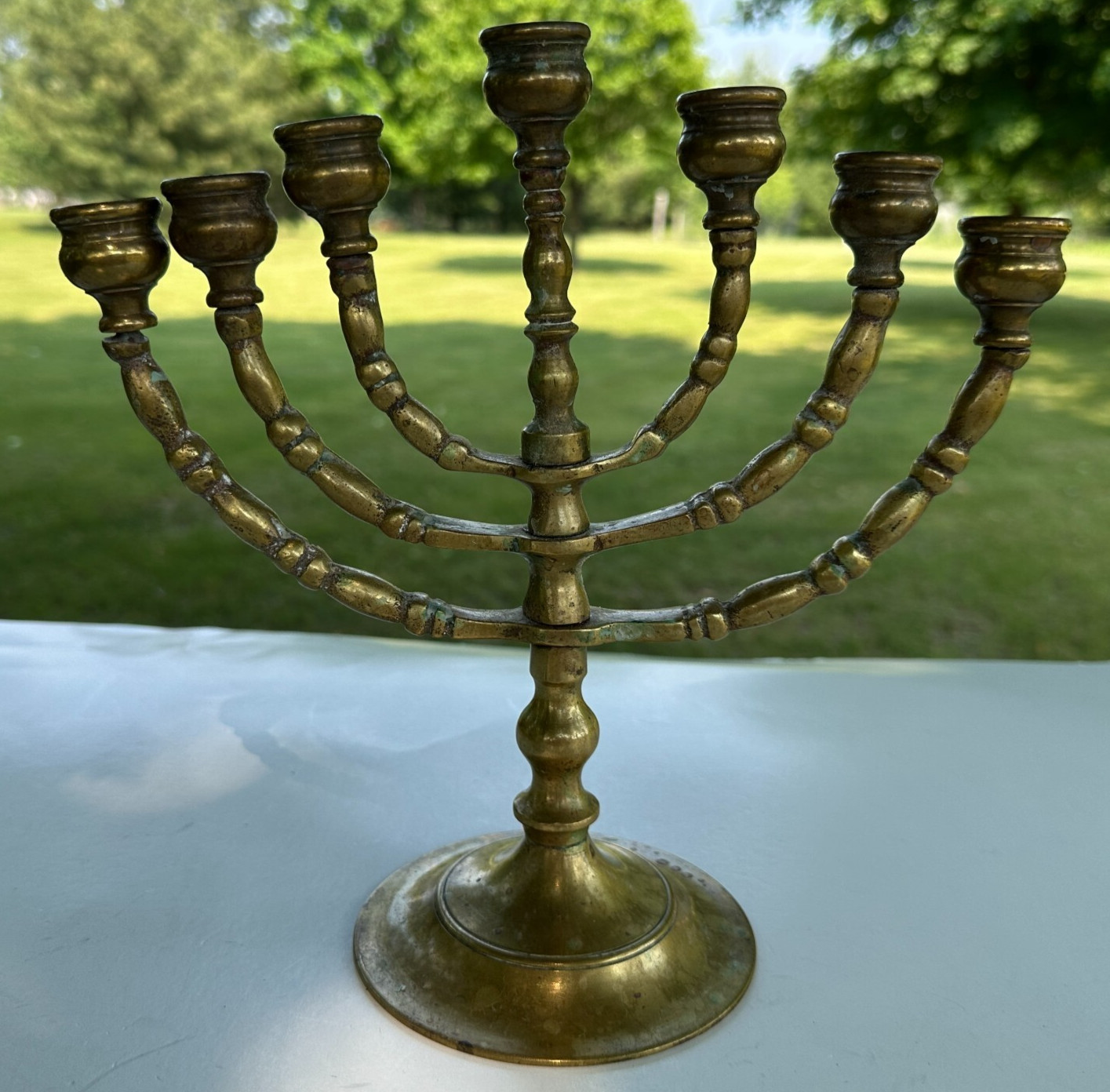 Vintage Menorah 7 Arm 10” Rotating Swing Arms Heavy Solid Brass Candelabra