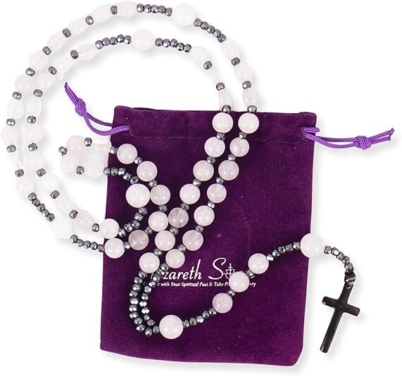 White Jade Stone Beads Rosary with Black Hematite Beaded Necklace & Metal Cross