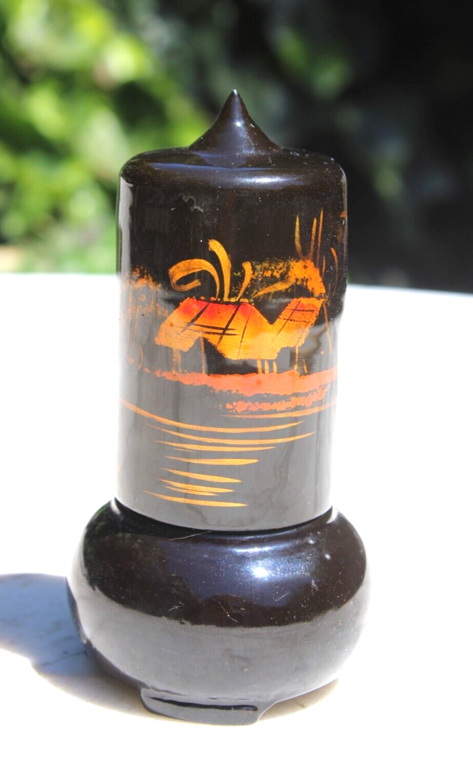 Vintage Asian Toothpick Holder Black Lacquered Painted Two Piece Kitsch Retro