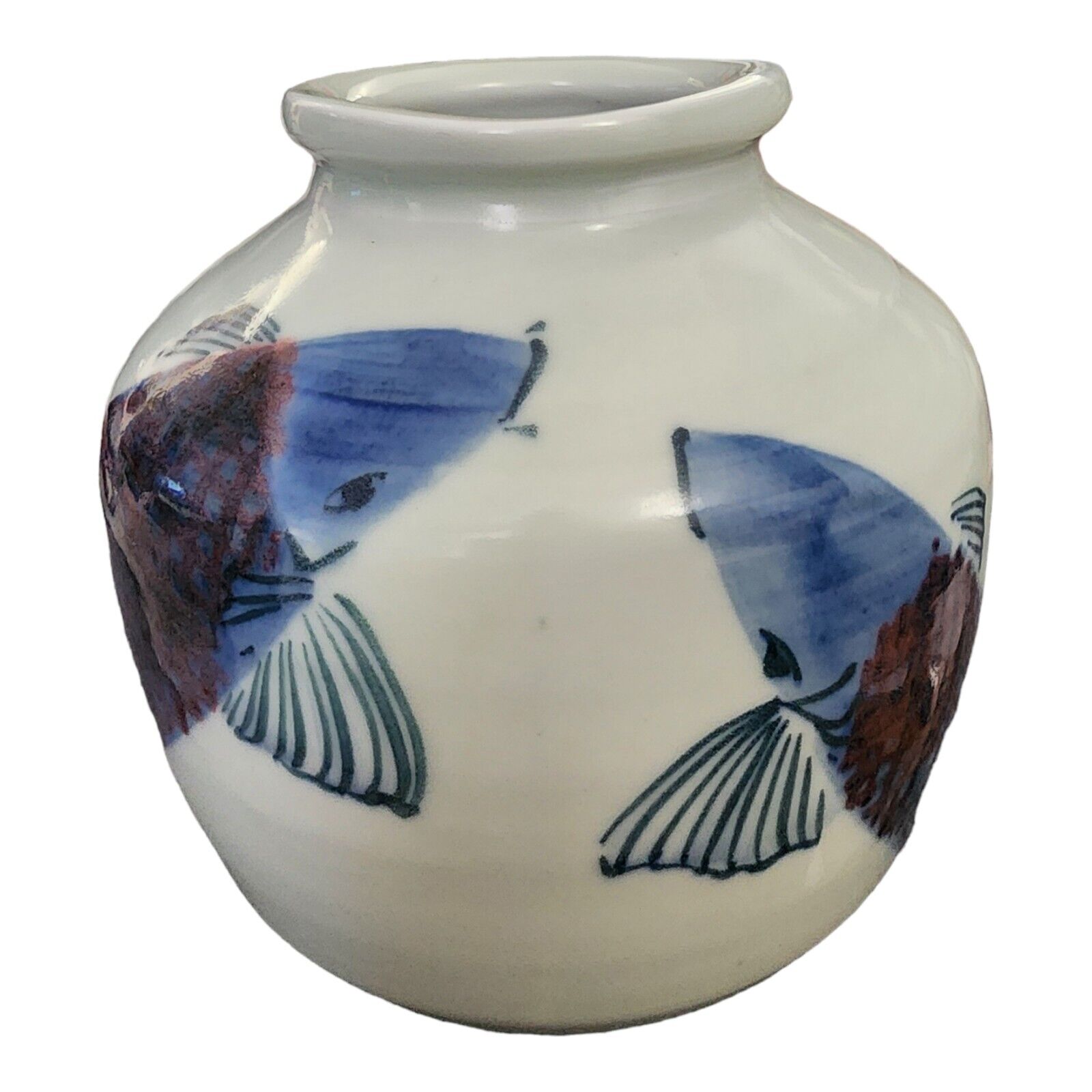Studio Pottery Ceramic Vase Signed Mikkelsen and Pope With Blue Koi Fish Pattern