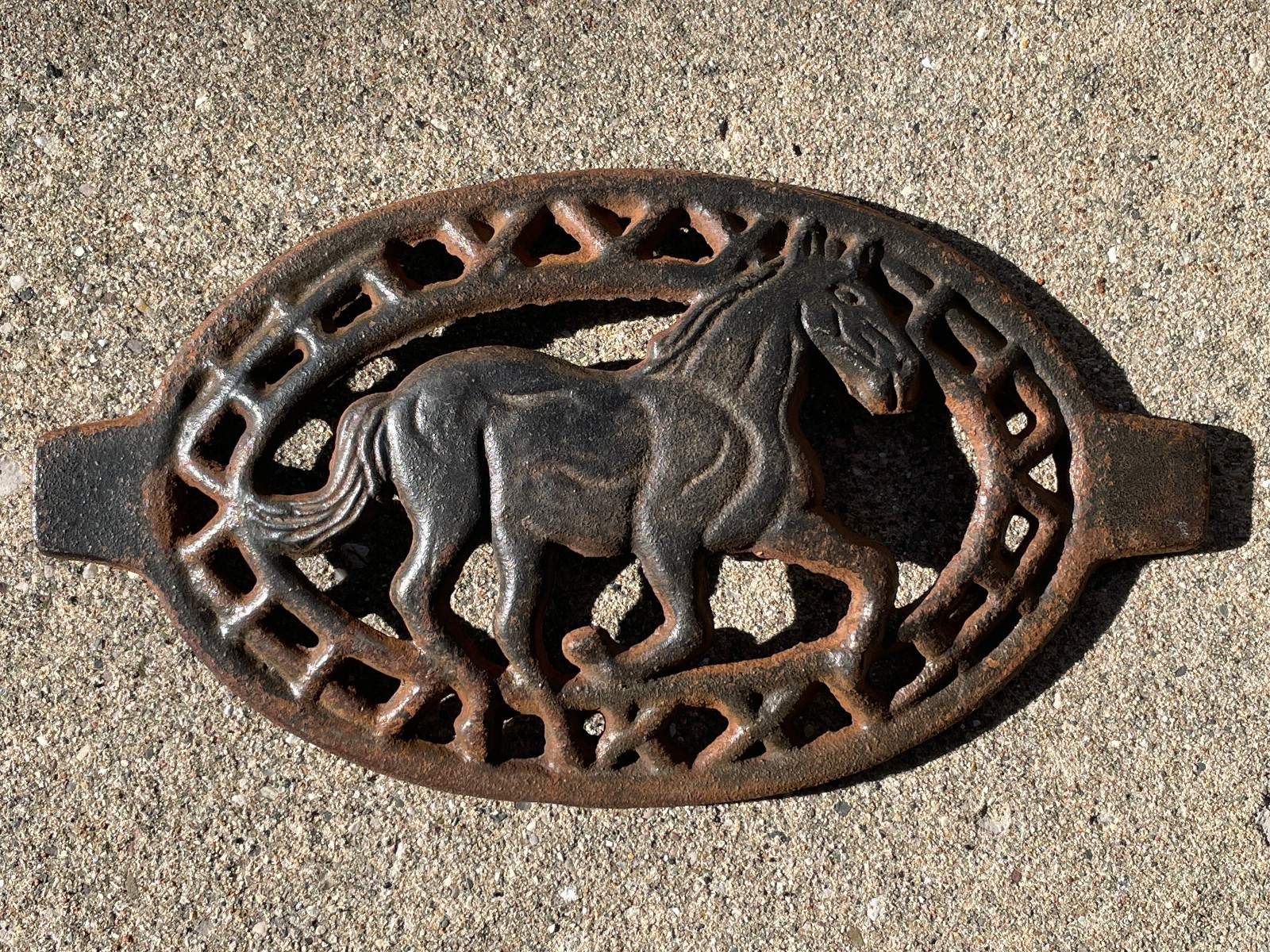Antique Black Cast Iron Horse Trivet Early Primitive Folk Art Metal Rusty Patina Antique Black Cast Iron Horse Trivet Early Primitive Folk Art Metal Rusty Patina