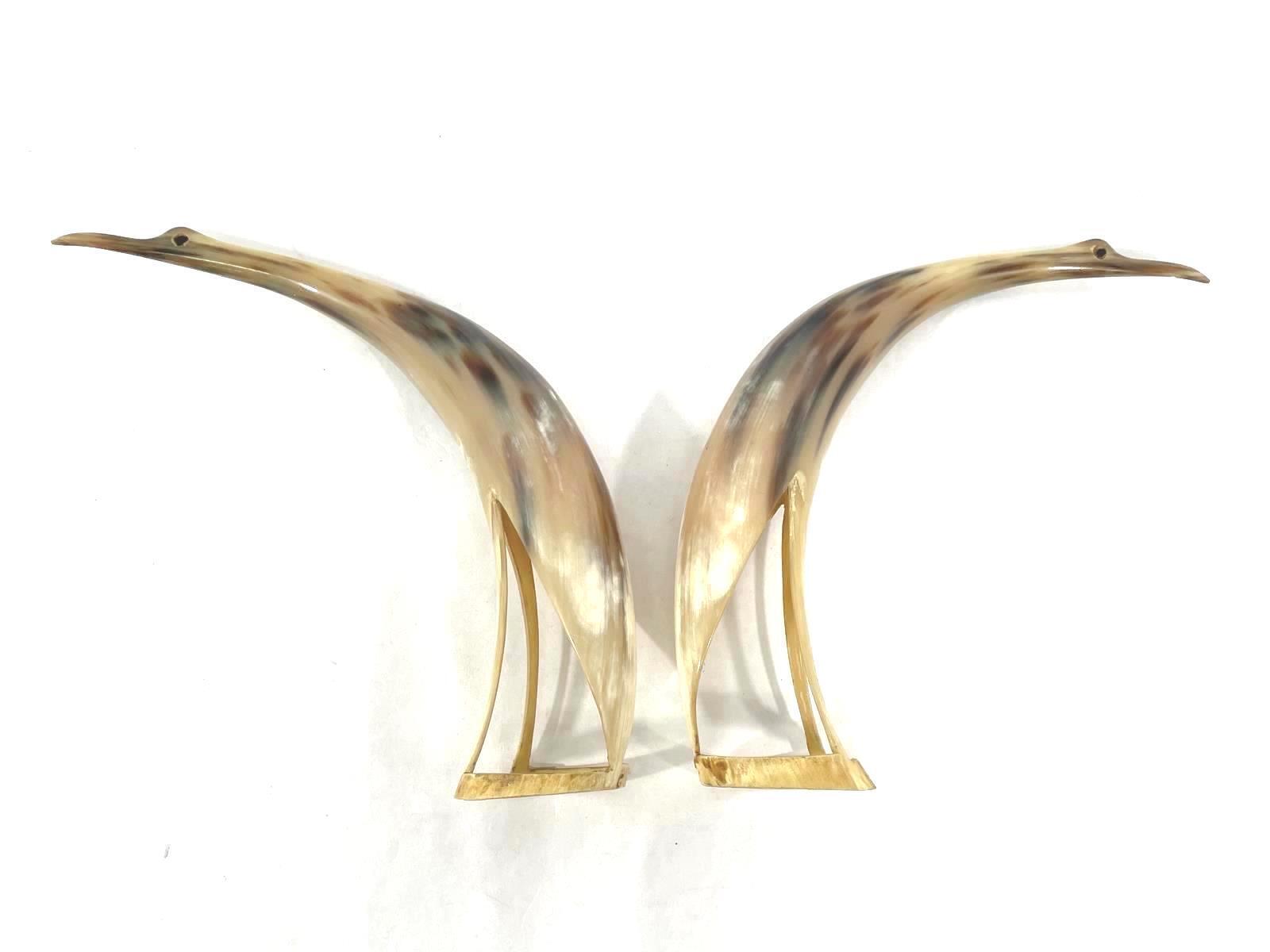 Set of 2 Hand Carved Steer Horn Egret Figurines