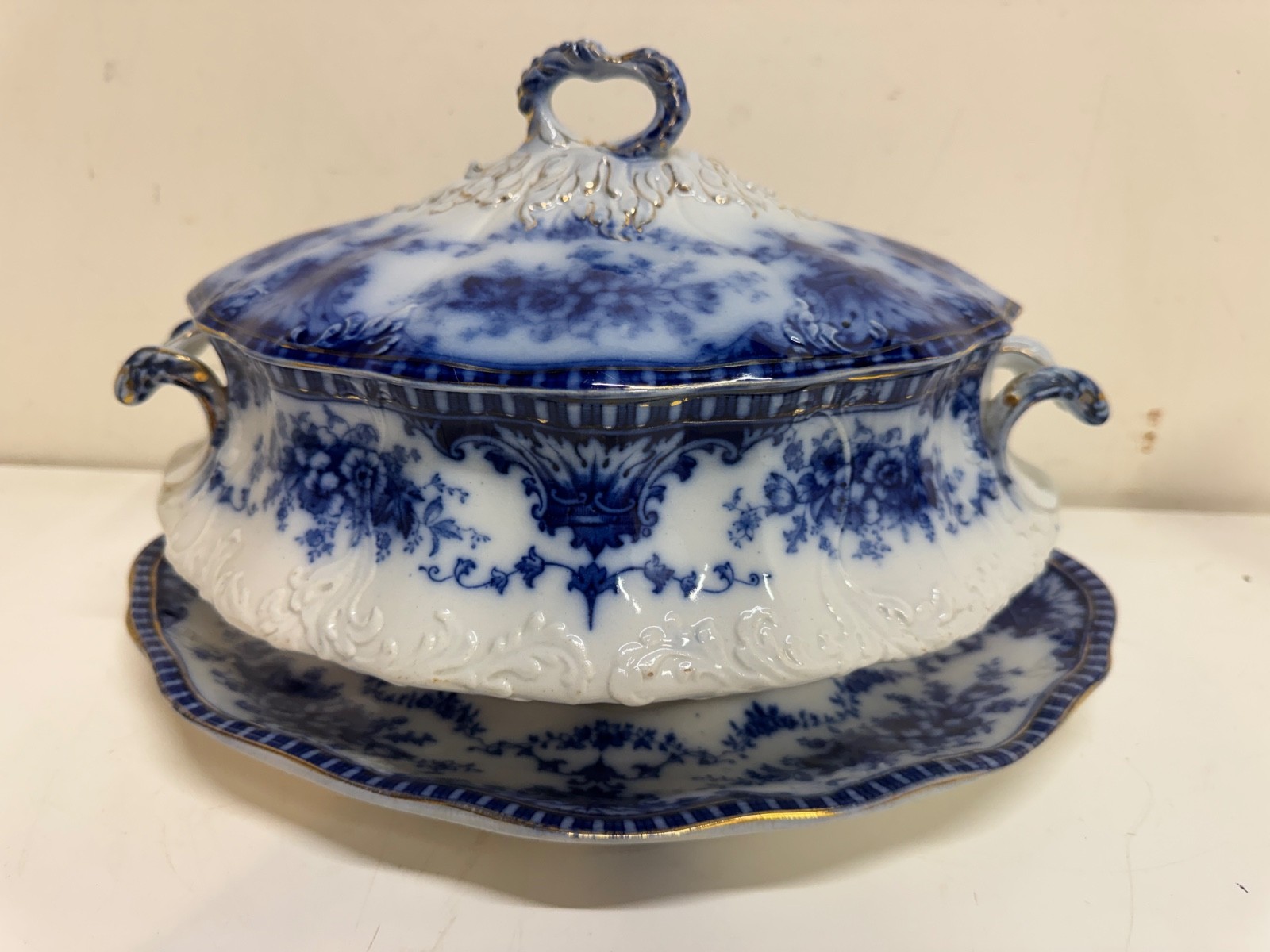 Antique S. Hancock & Sons “Coronet” English Flow Blue Tureen w/ Lid & Underplate