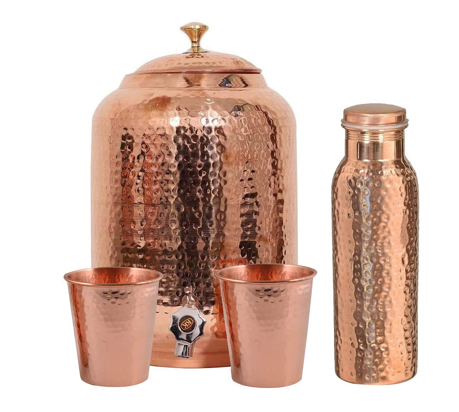 Hand Crunch Copper Water Dispenser 8L Hammered Finish with 2 Tumbler Glasses