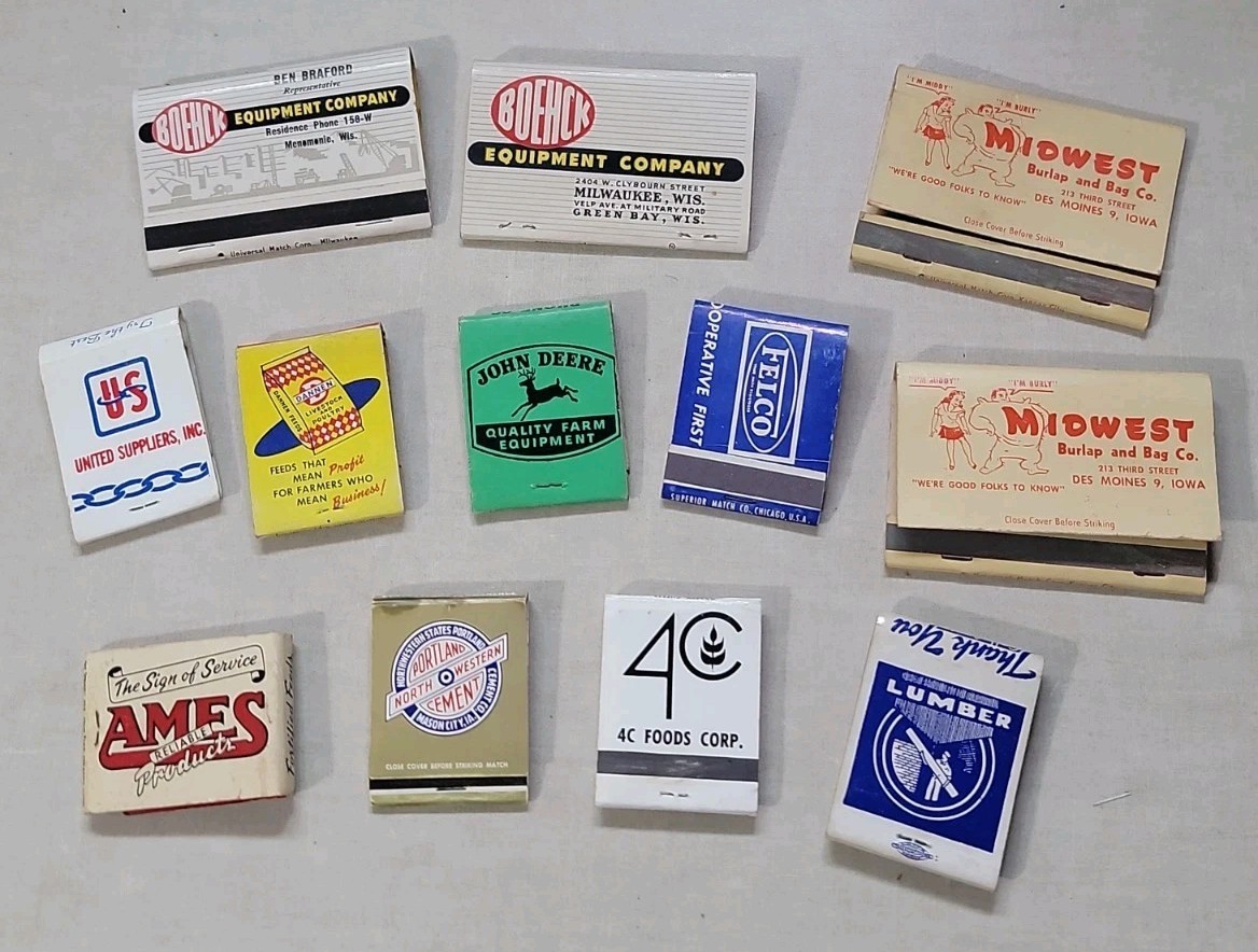 12 VTG Matchbooks Ames Feed Dannen John Deere Felco Midwest Burlap Advertising