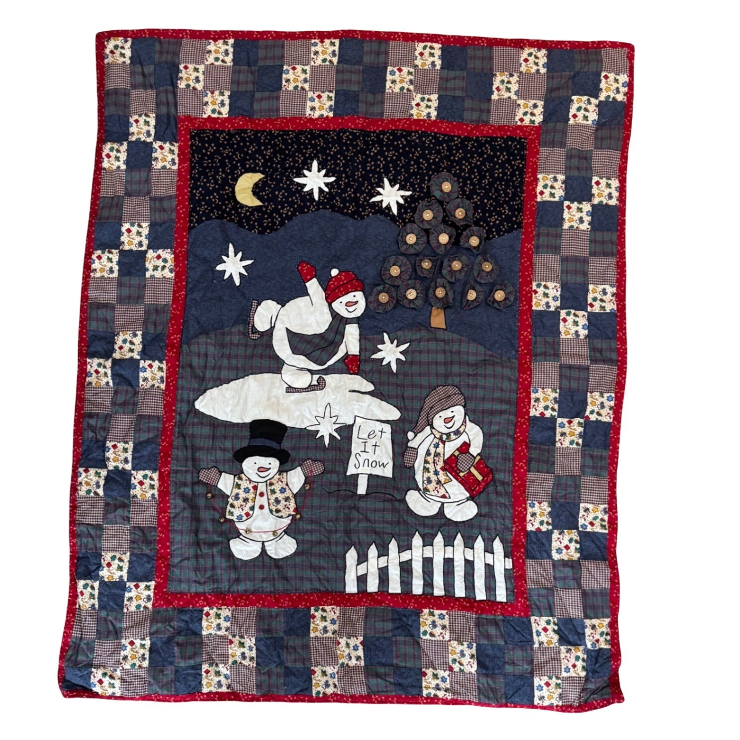 VTG 90s Quilted Christmas Blanket 50x60 Patchwork Celestial Snowmen Americana