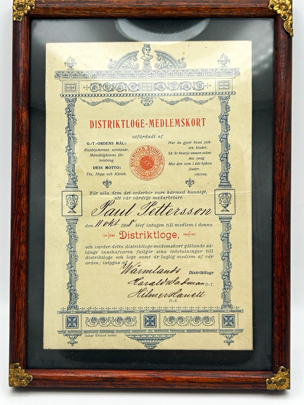 1908 Swedish IOGT Good Templars Membership Certificate Temperance Framed Antique 1908 Swedish IOGT Good Templars Membership Certificate Temperance Framed Antique