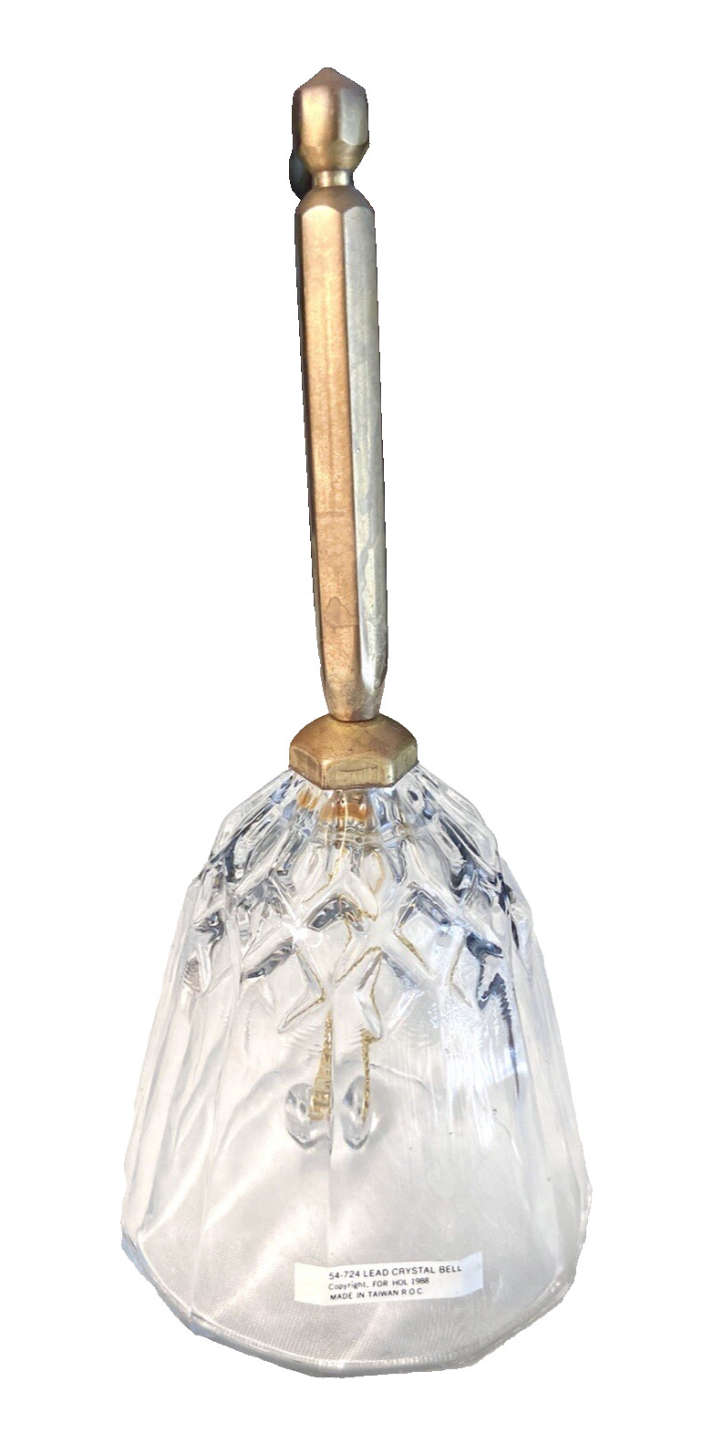 Vintage 1988 Lead Crystal Bell w Brass Handle Holiday Diamond Cut Glass 7\