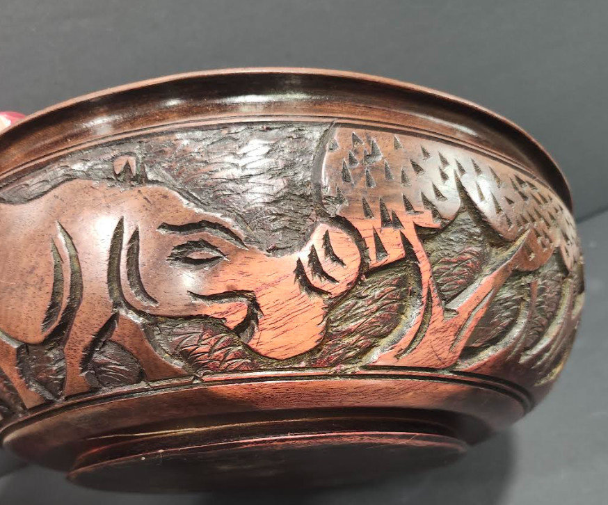 East African Safari Hand Carved Ironwood Bowl Elephant, Rhino Vintage 12” East African Safari Hand Carved Ironwood Bowl Elephant, Rhino Vintage 12”