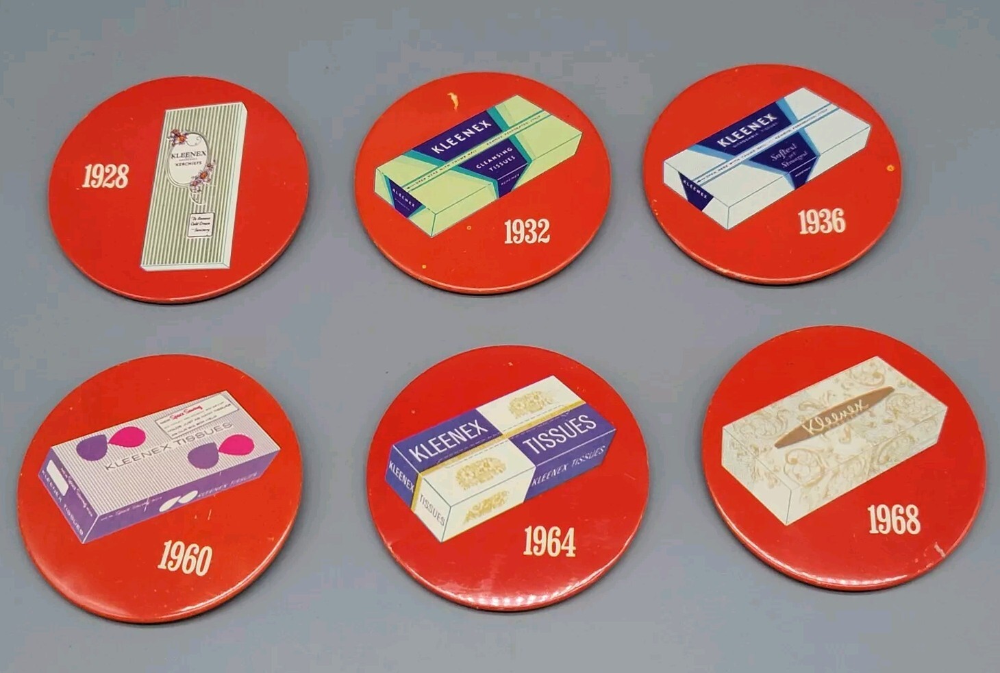 6 Kleenex Tissue Boxes Vintage Pins For, 1928, 32, 36, 60, 64, 68 Advertising 
