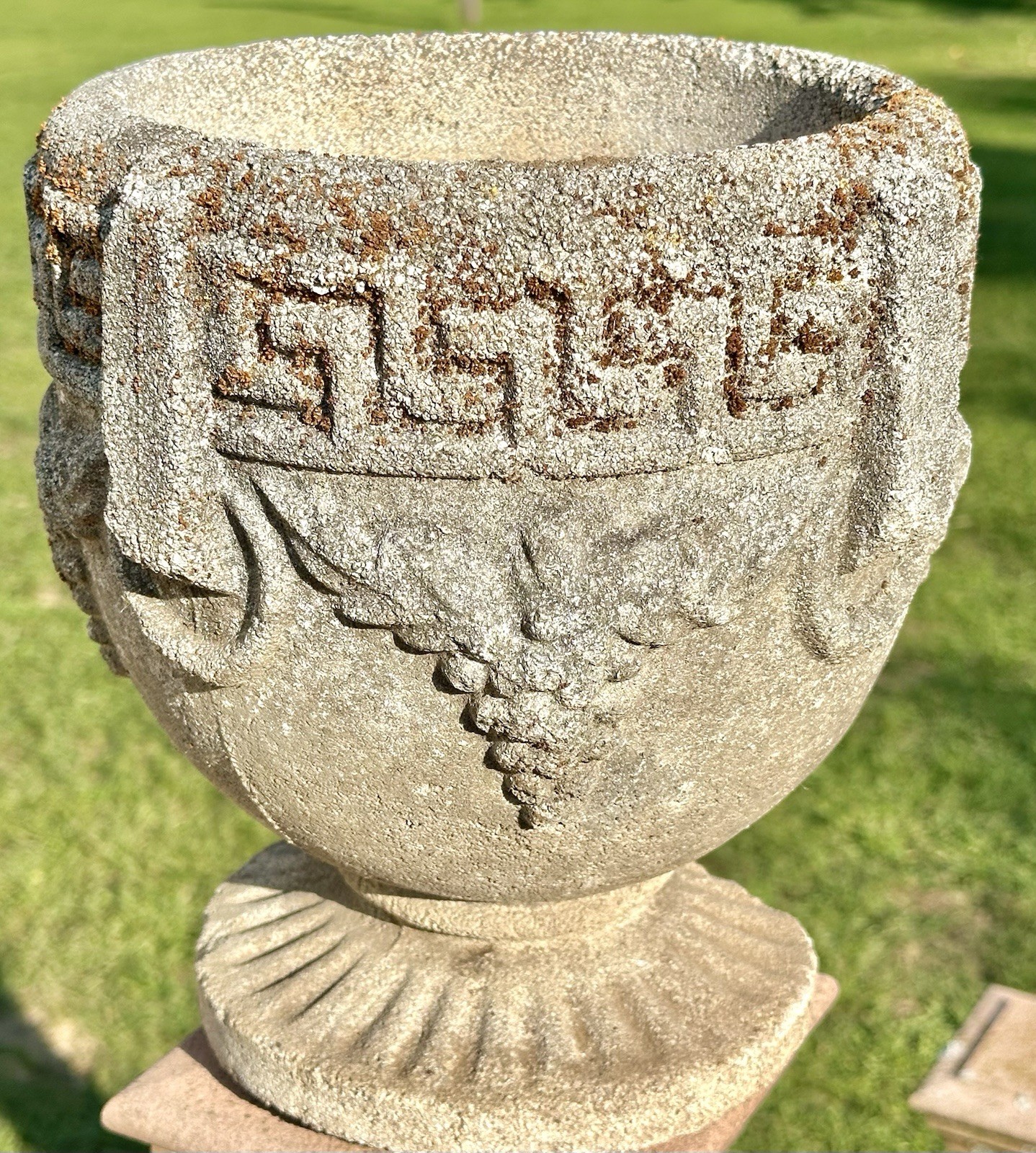 Vintage Concrete Garden Urn Planter Grape Motif Pedestal Pot 10.5” X 10” Mossy