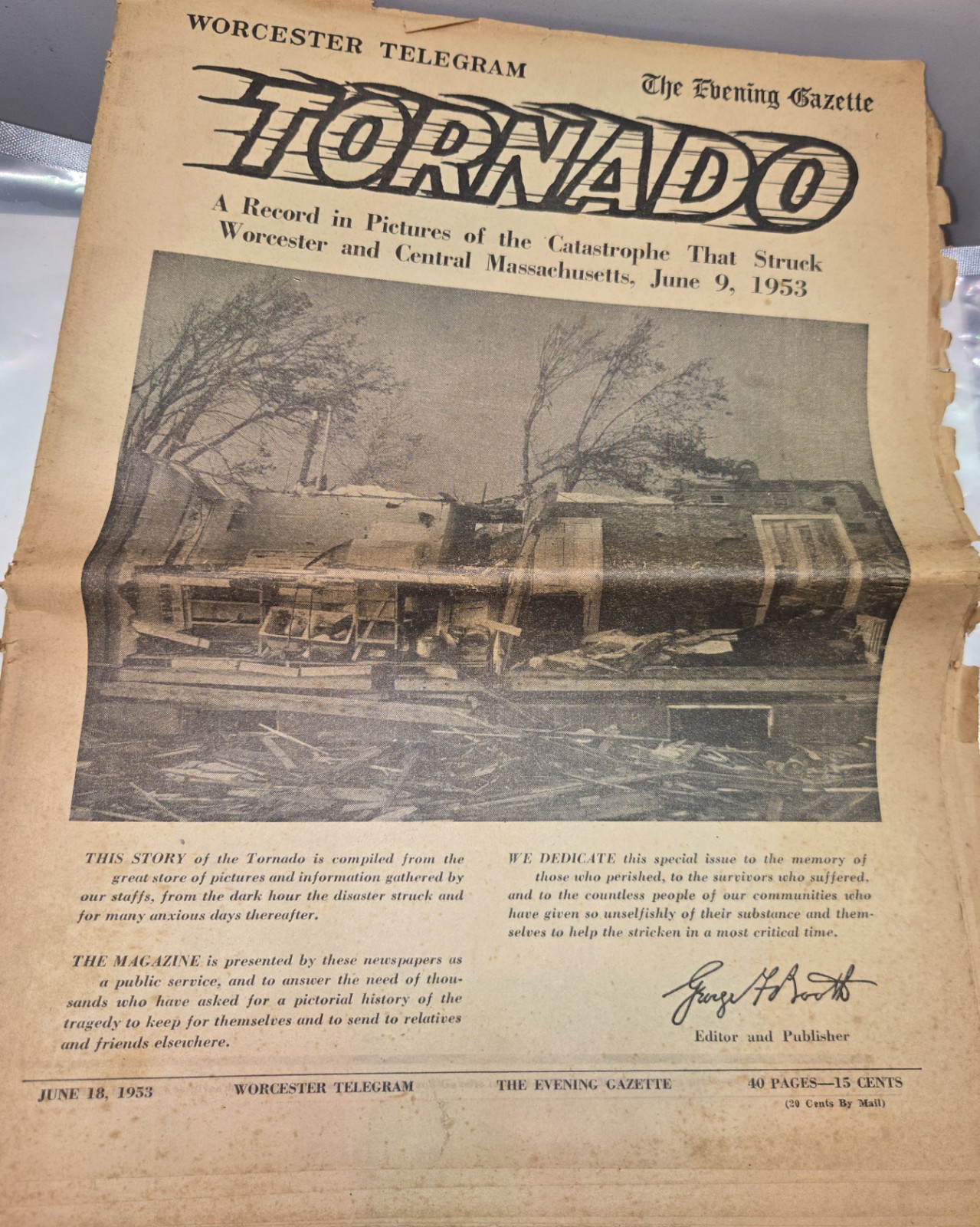 TORNADO RARE Special Feature June 18, 1953 Worcester Telegram newspaper 40 Pages