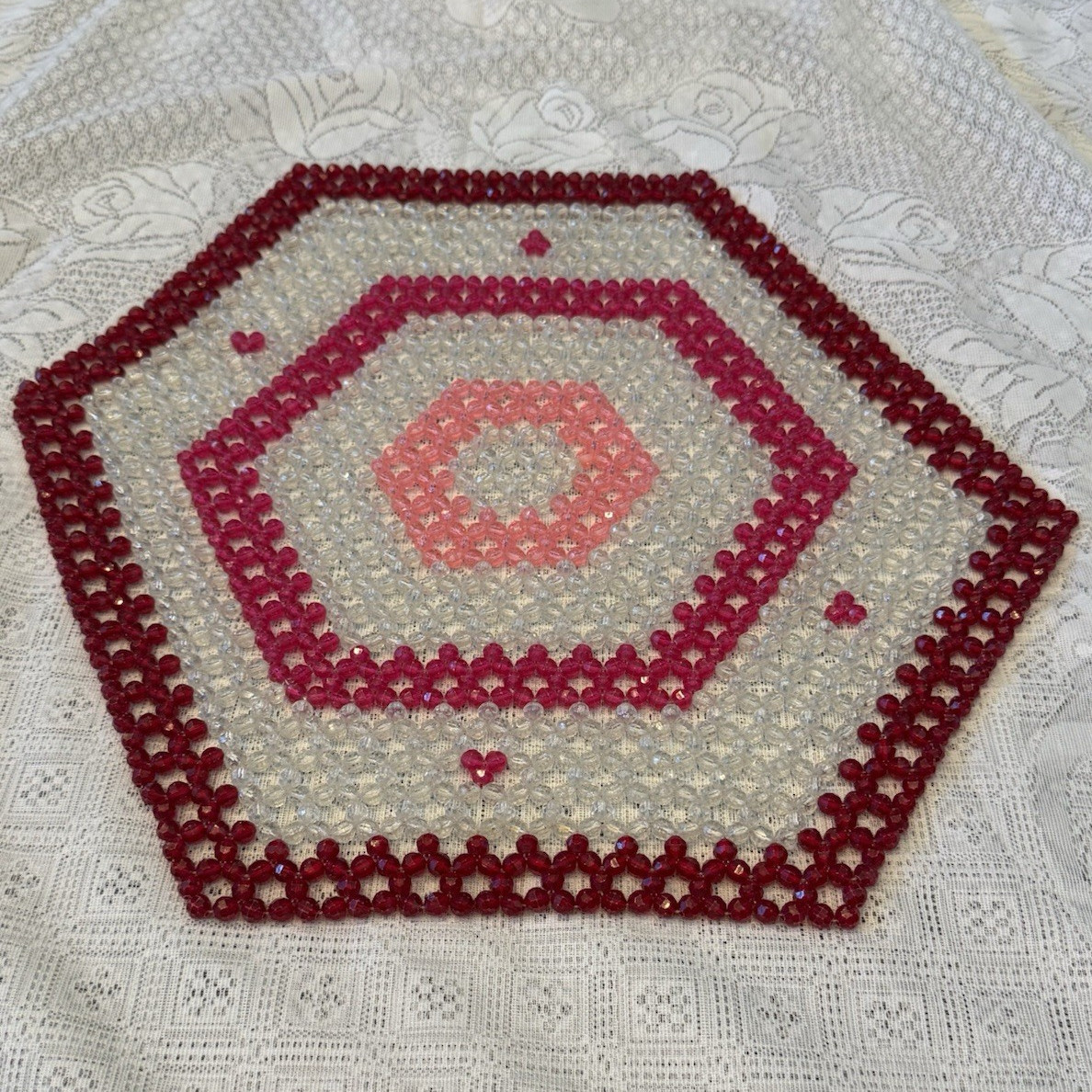Vintage Handmade Beaded Table Mat Doily Red Pink Clear 18” Hexagon Retro