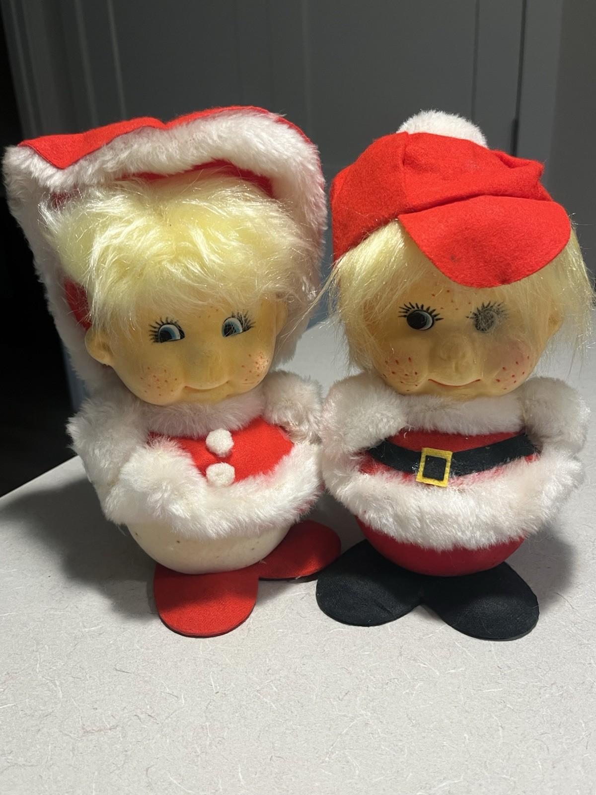 Vtg 60s Boy Girl Santa Claus Flocked Styrofoam Dolls Christmas Roly Poly Japan Vtg 60s Boy Girl Santa Claus Flocked Styrofoam Dolls Christmas Roly Poly Japan
